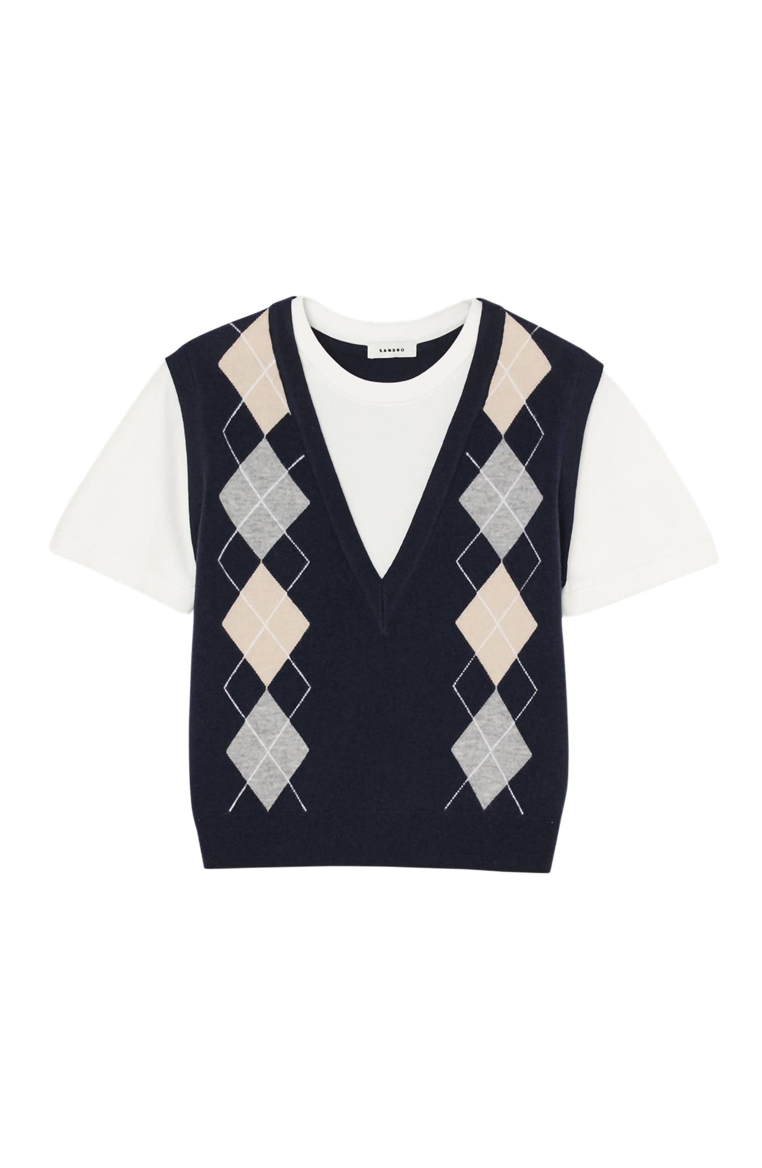 SANDRO Argyle layered effect sweater in Navy Blue at Nordstrom - 5