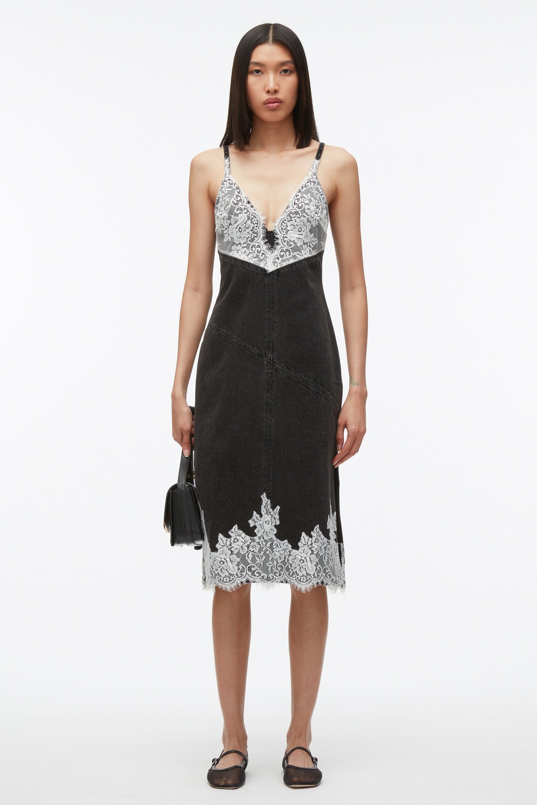 Denim Slip Dress with Lace - 1