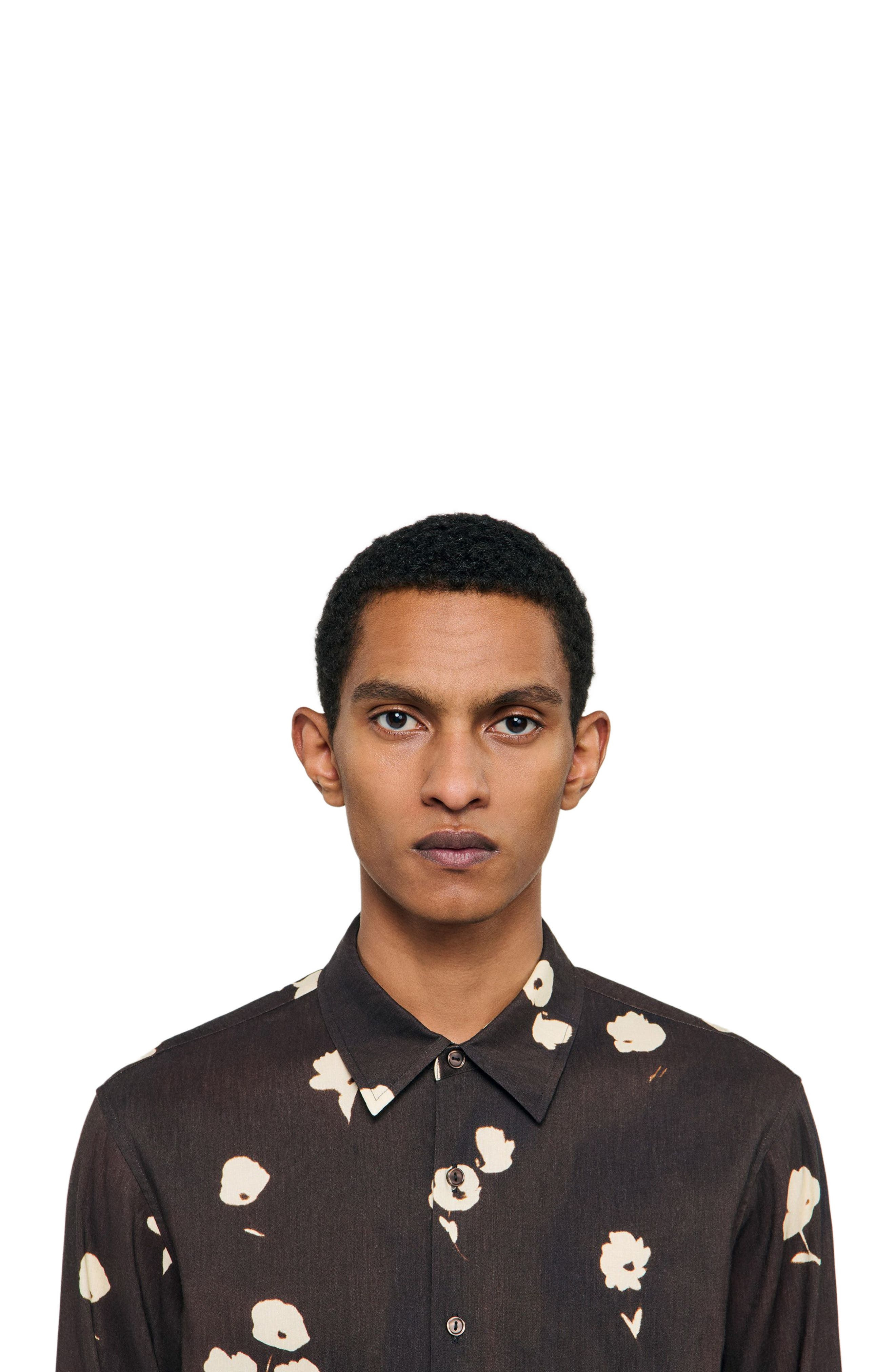 SANDRO Floral print linen shirt in Chocolate at Nordstrom - 4