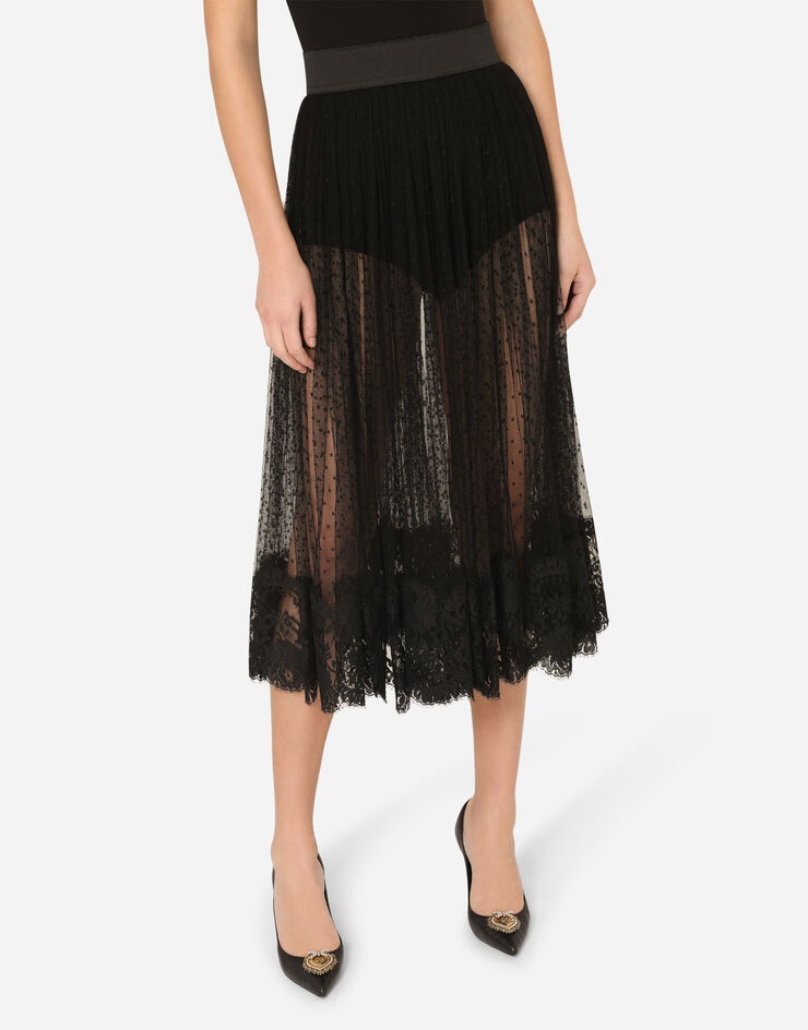 Pleated calf-length skirt in chantilly lace and plumetis - 4