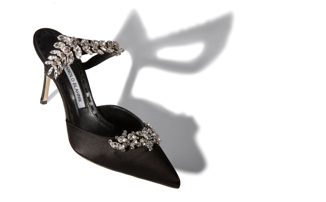 Black Satin Crystal Embellished Mules - 2