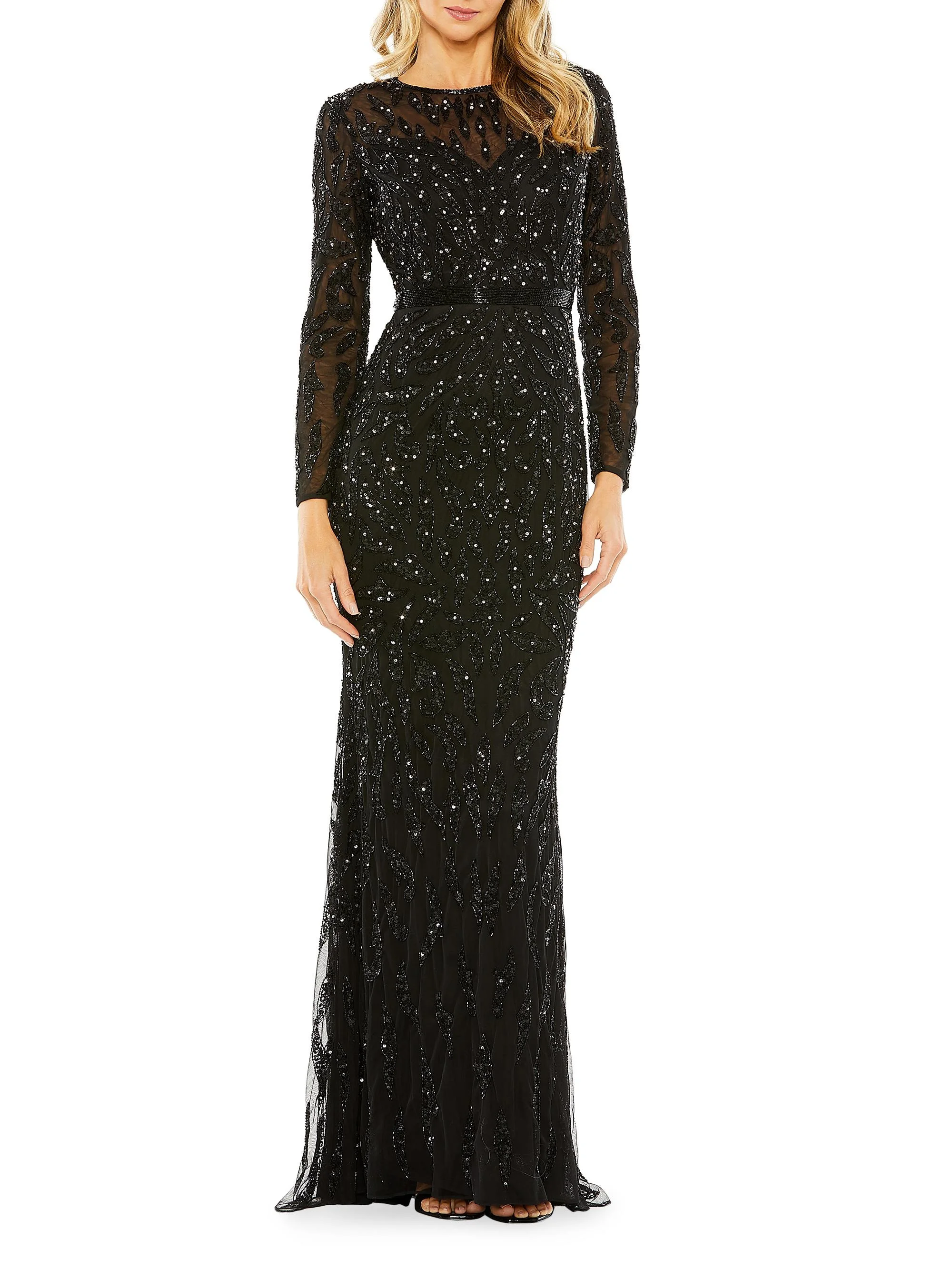 Women's Illusion Sequin Gown - Black - 1