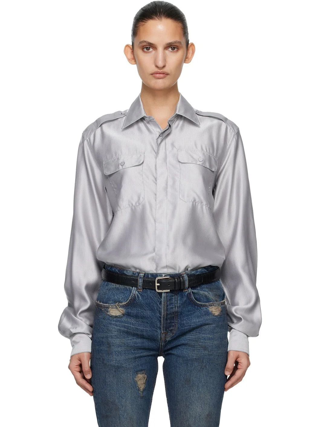 Gray Silk Military Shirt - 1