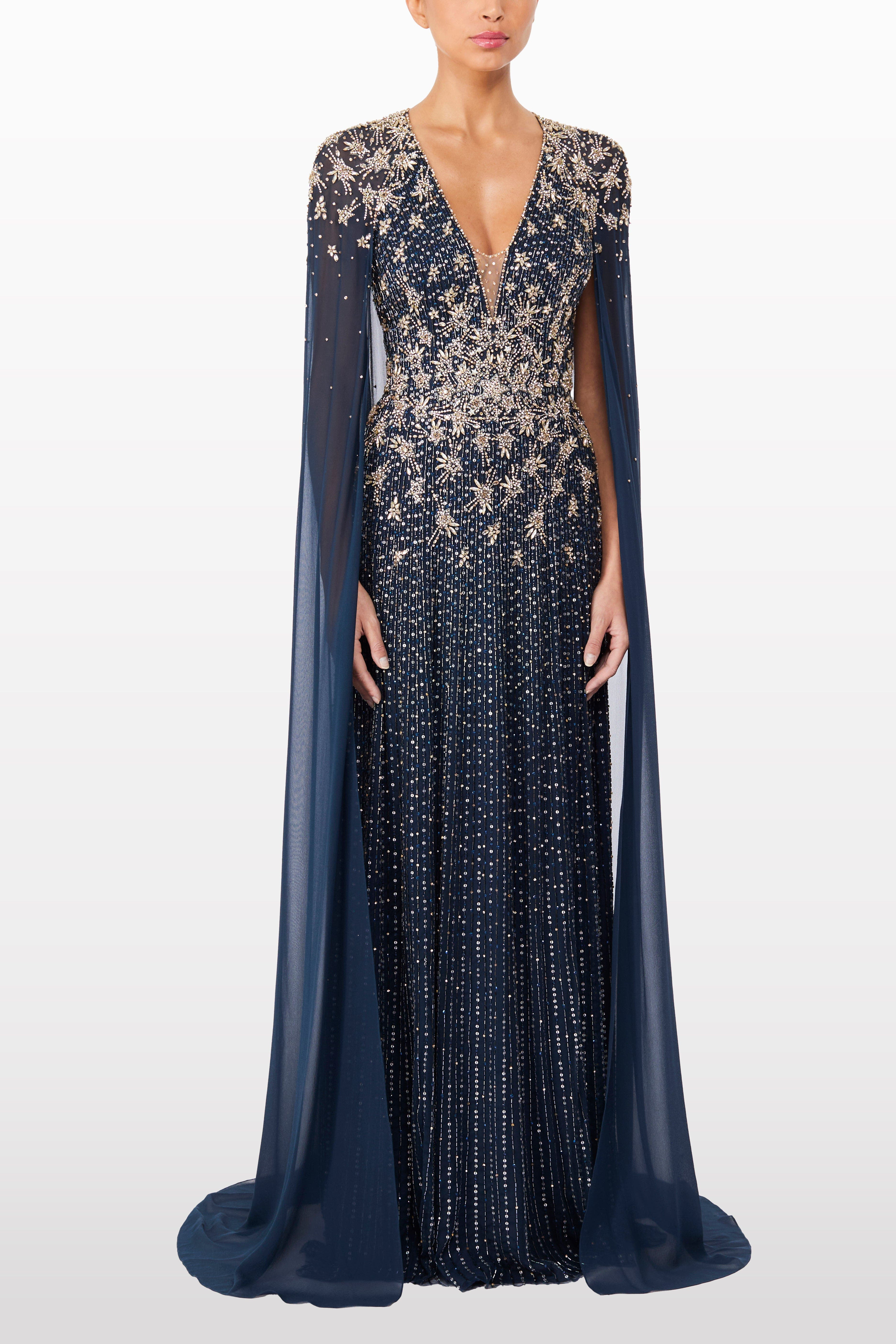 Jenny Packham Moonlight star-embellished cape-design maxi dress in Blackthorne Blue at Nordstrom - 2