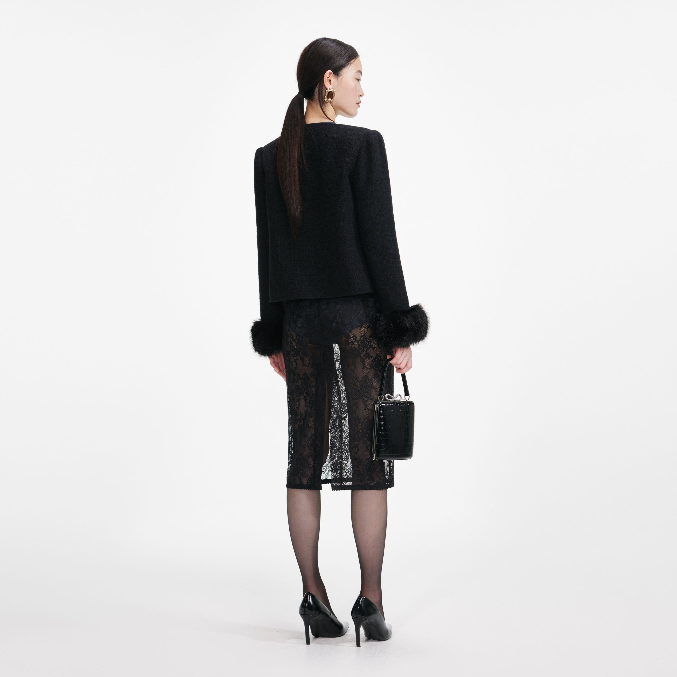 Black Boucle Fur Cuff Jacket - 3