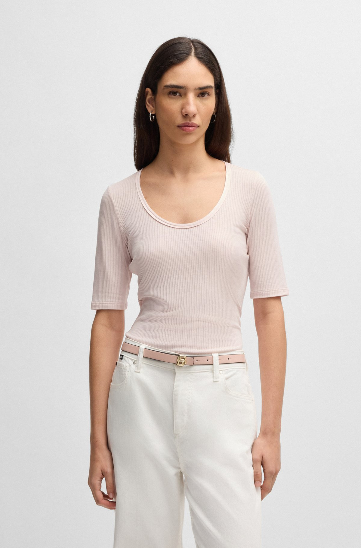 SCOOP-NECK T-SHIRT IN RIBBED STRETCH FABRIC - 2