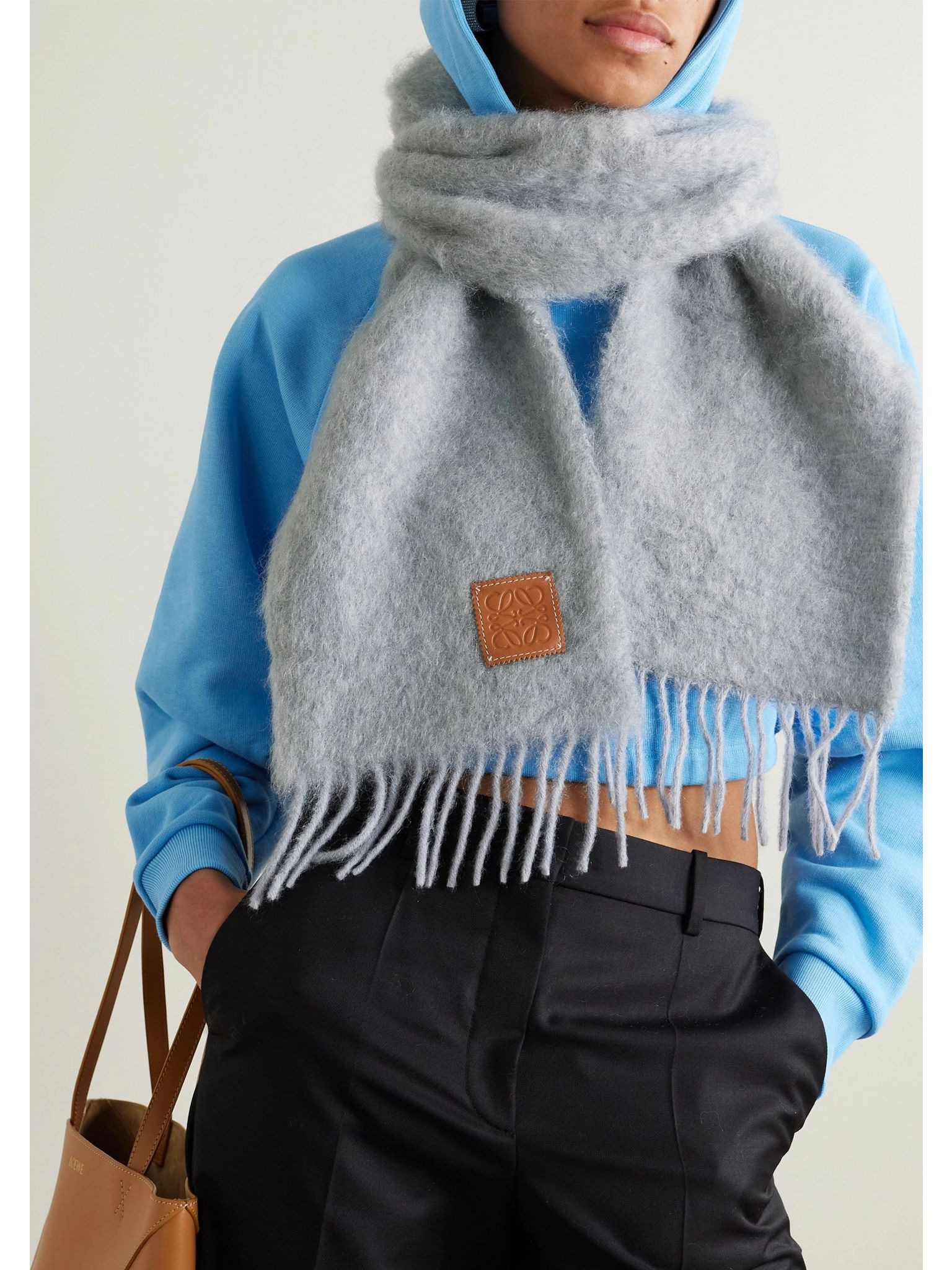 Leather-trimmed fringed mohair-blend scarf Gray - 2