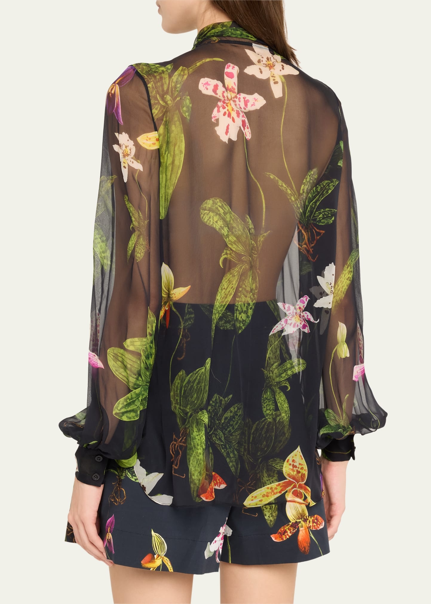 Orchid Print Chiffon Scarf-Tie Blouse - 3