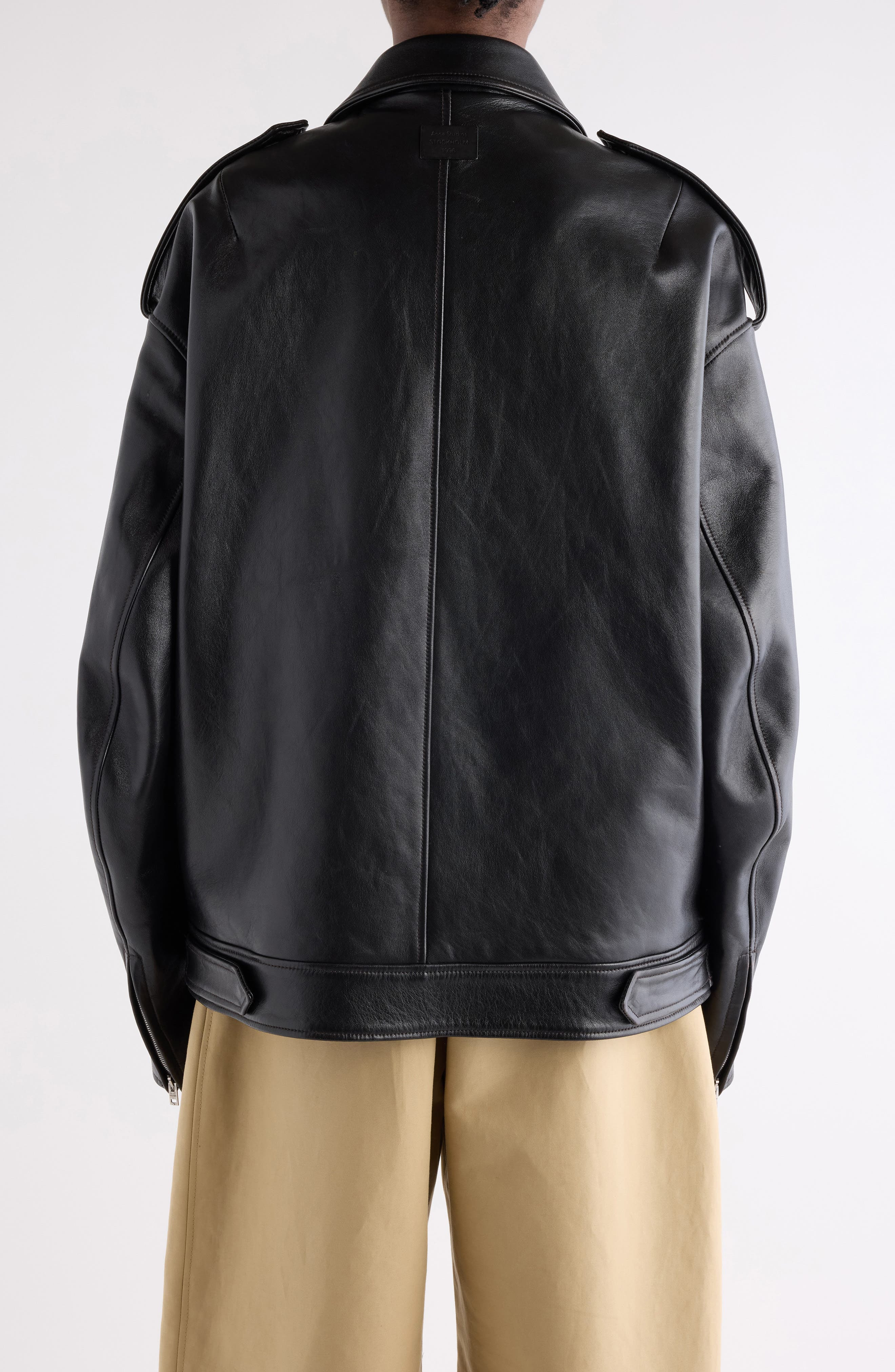 Acne Studios Linaga Oversize Leather Moto Jacket in Black at Nordstrom - 3