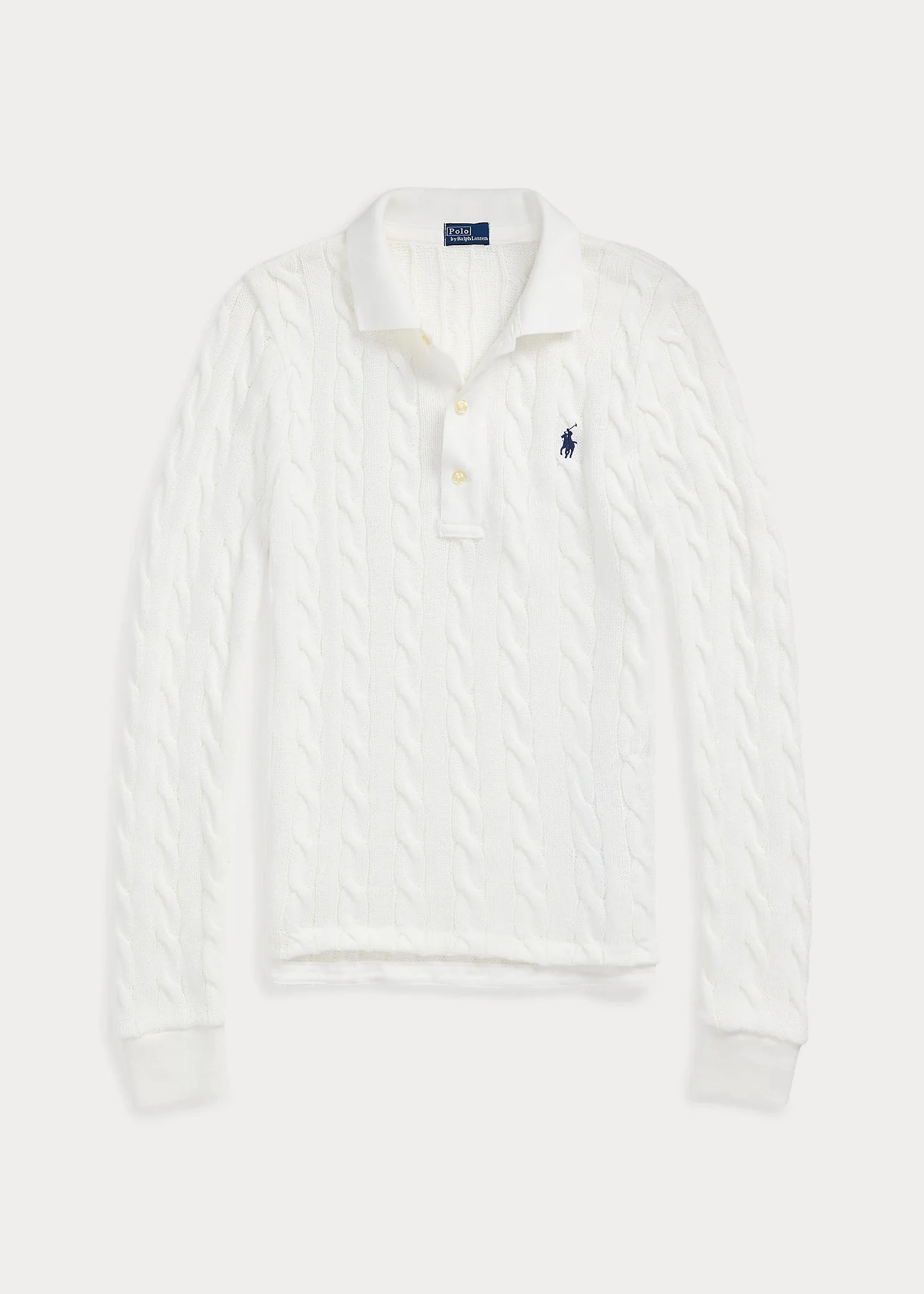 Cable-Knit Cotton Long-Sleeve Polo Shirt - 1