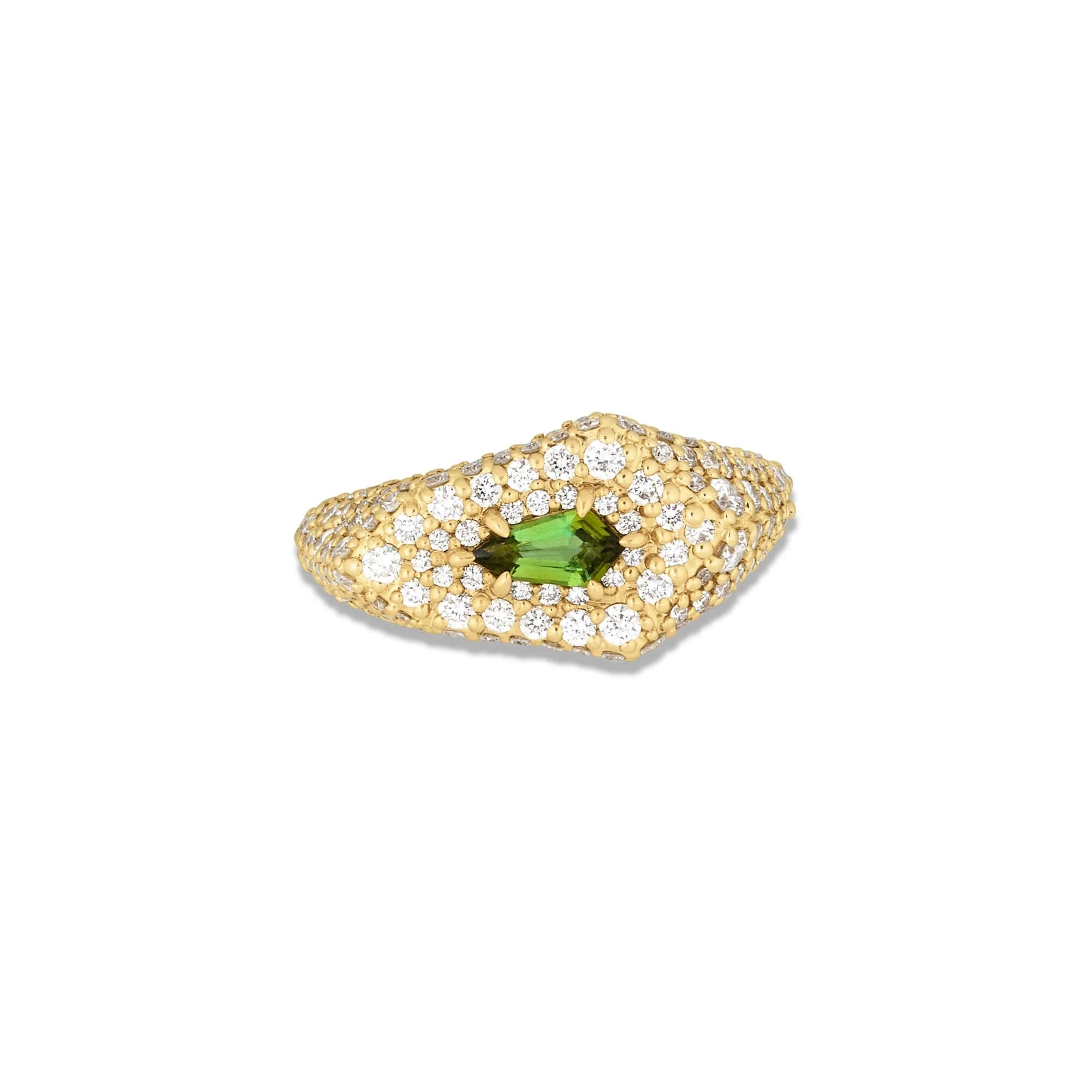 Pave Encrusted Green Tourmaline Shield Signet Ring - 1
