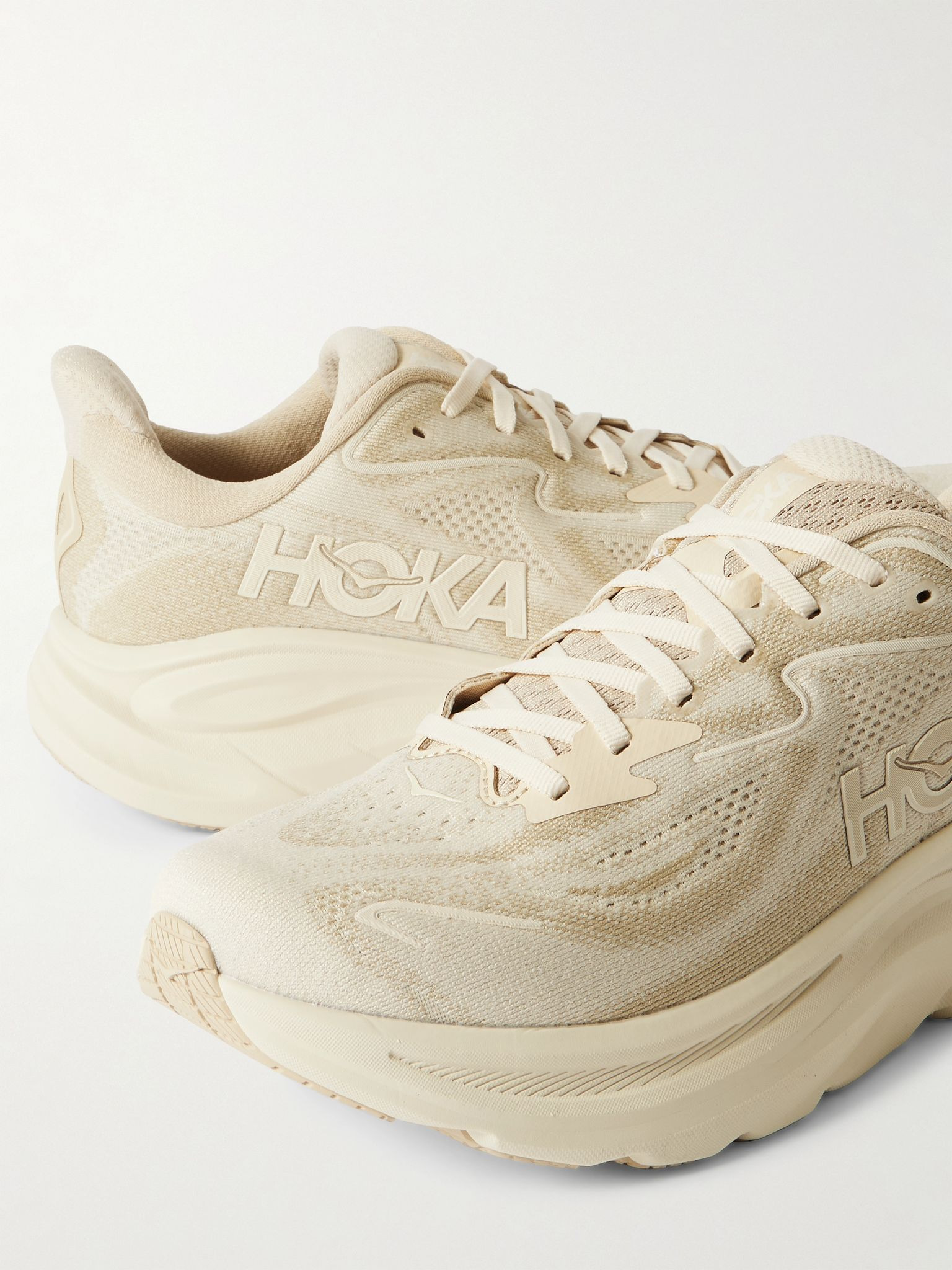 Clifton 10 Rubber-Trimmed Jacquard Running Sneakers Beige - 5