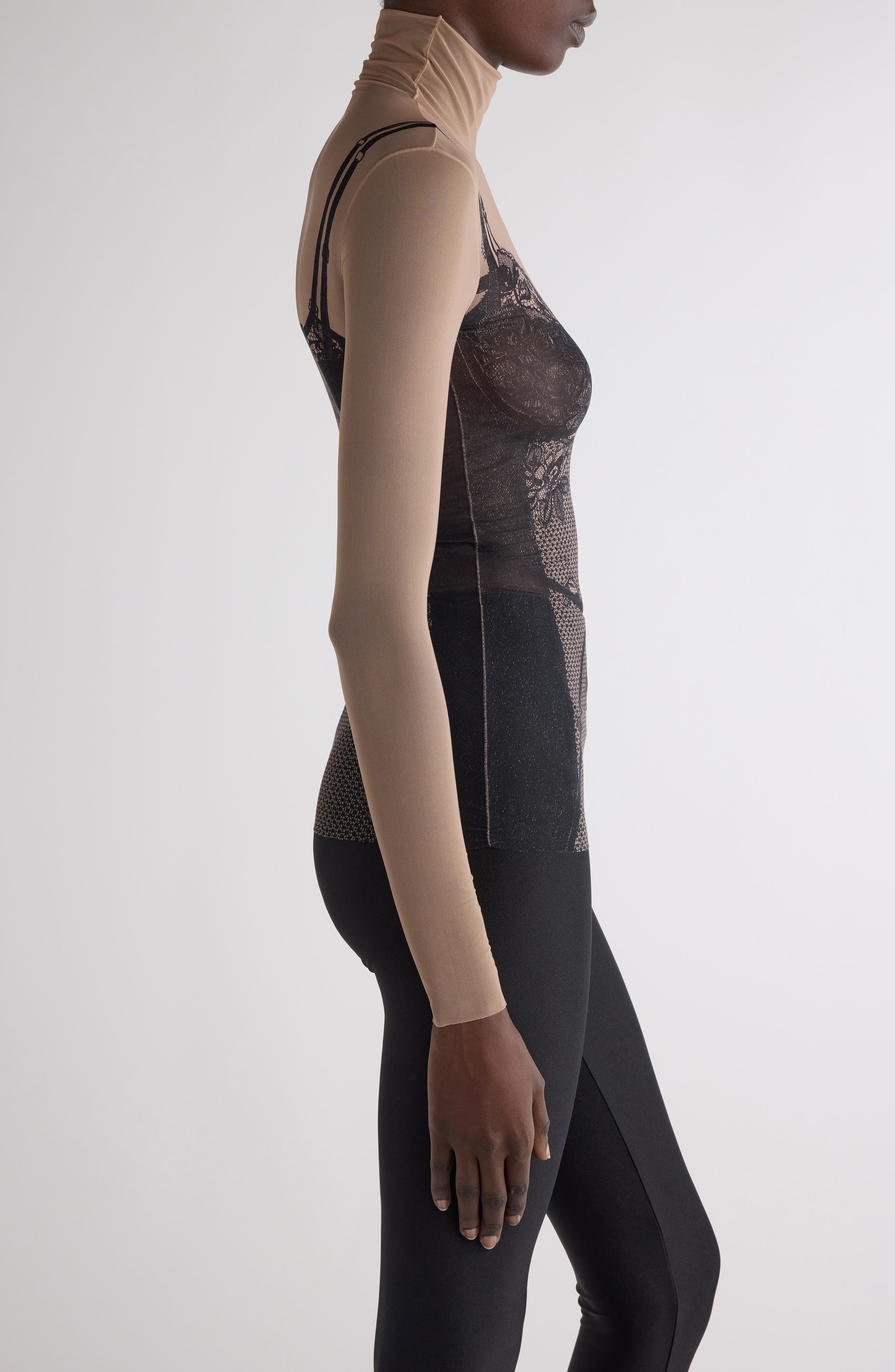 Balenciaga Trompe l'Oeil Lingerie Mesh Top in Black/Light Beige at Nordstrom - 3