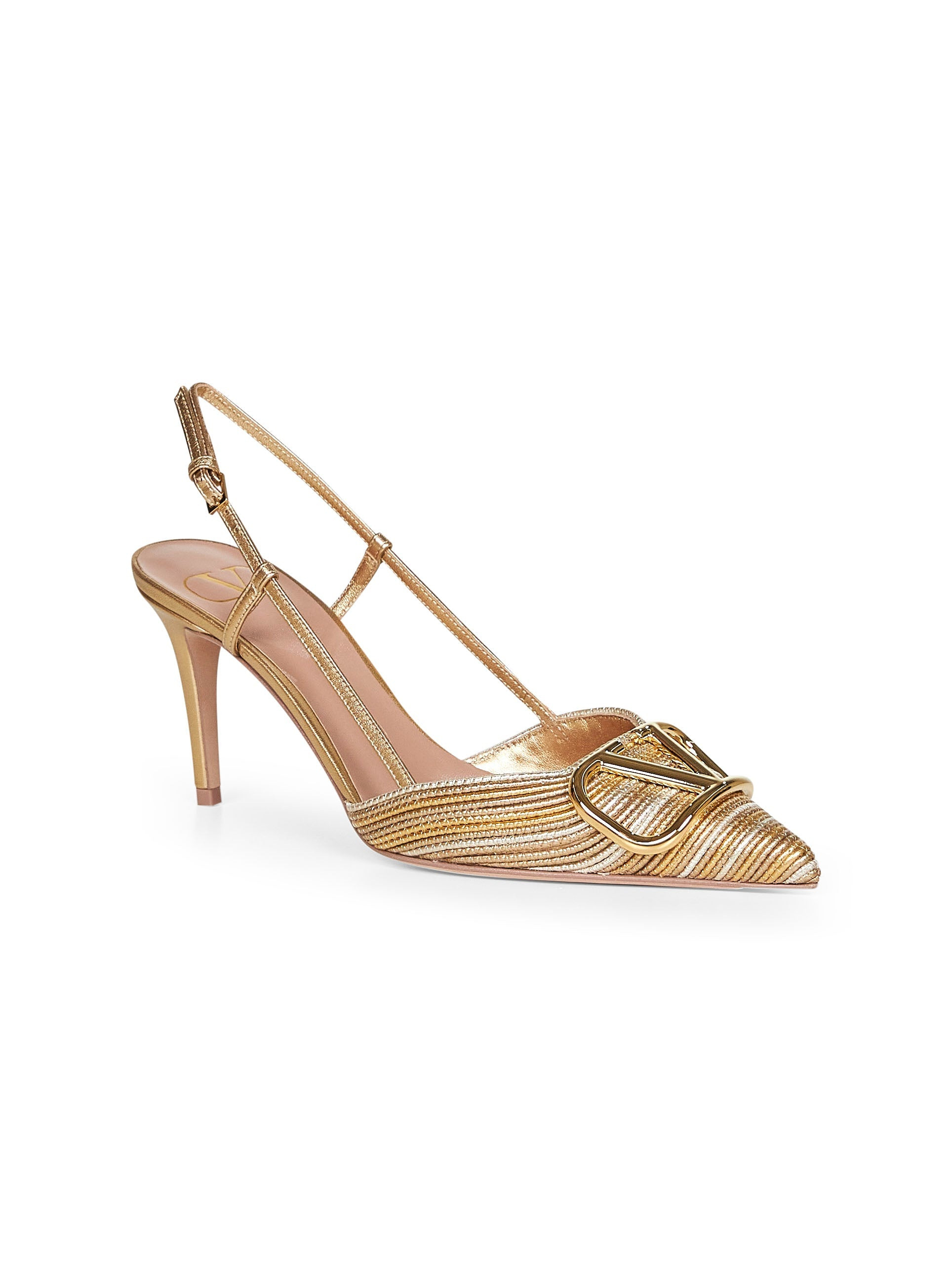Valentino Garavani Women Gold Laminated Nappa Leather Vlogo Signature Slingback Pumps - 2