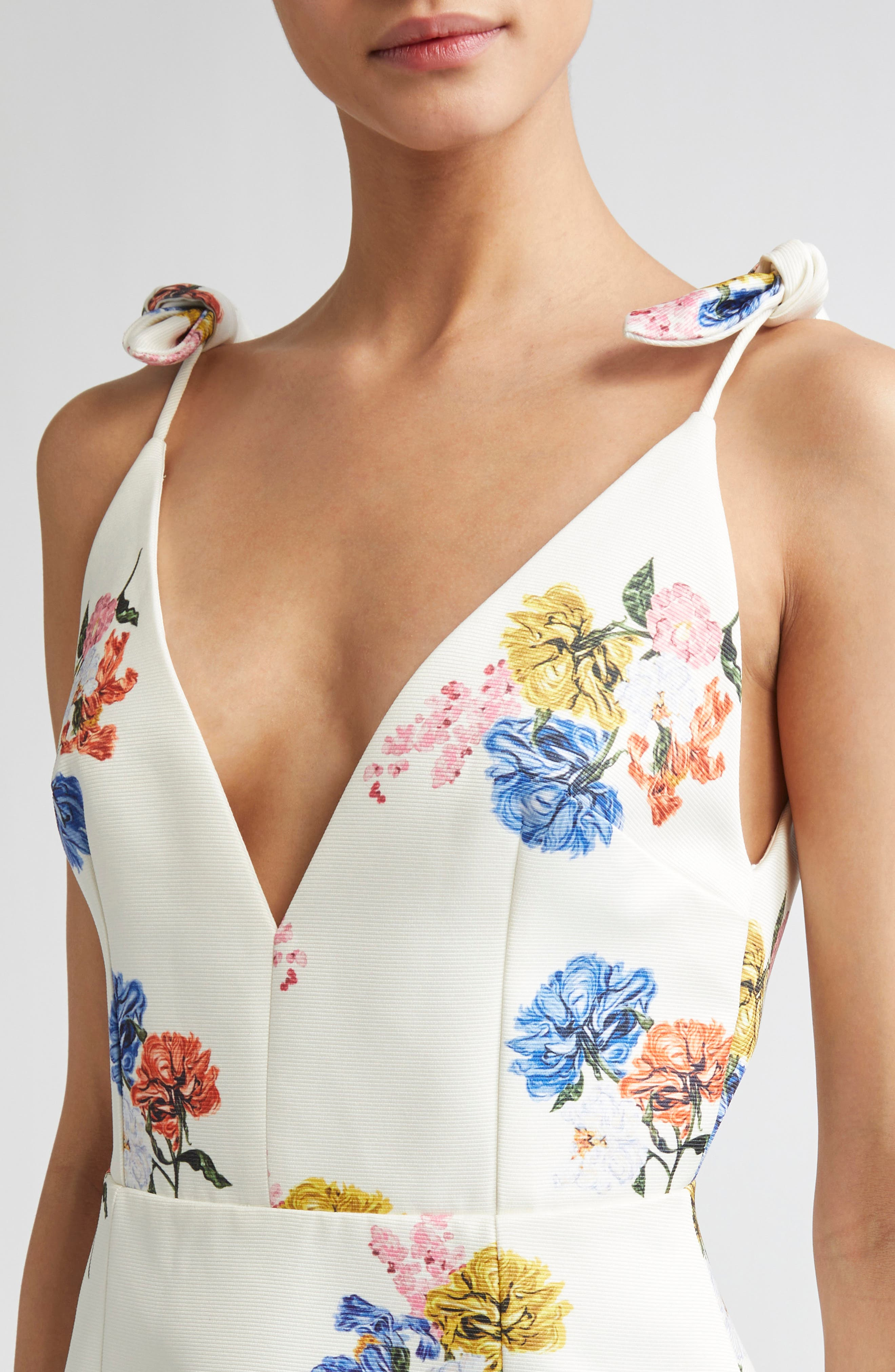 Emilia Wickstead Ludi Floral Plunge Neck Dress in Retro Bouquet On White at Nordstrom - 4