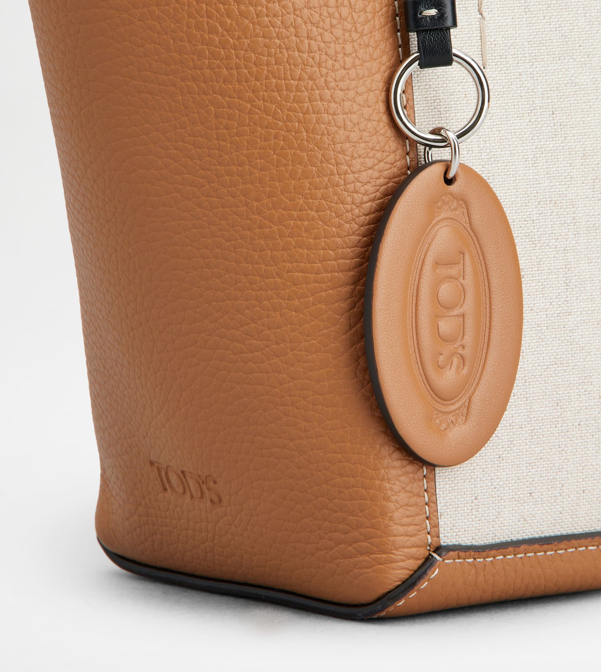 TOD'S DOUBLE UP SHOPPING BAG IN LEATHER AND CANVAS MINI - BROWN, OFF WHITE - 5