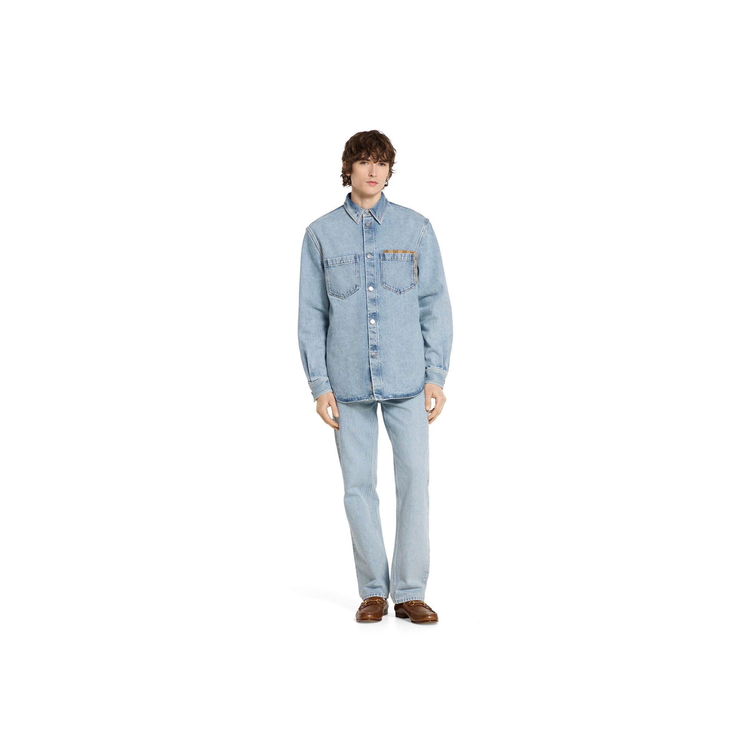 Washed denim shirt with GG insert - 2