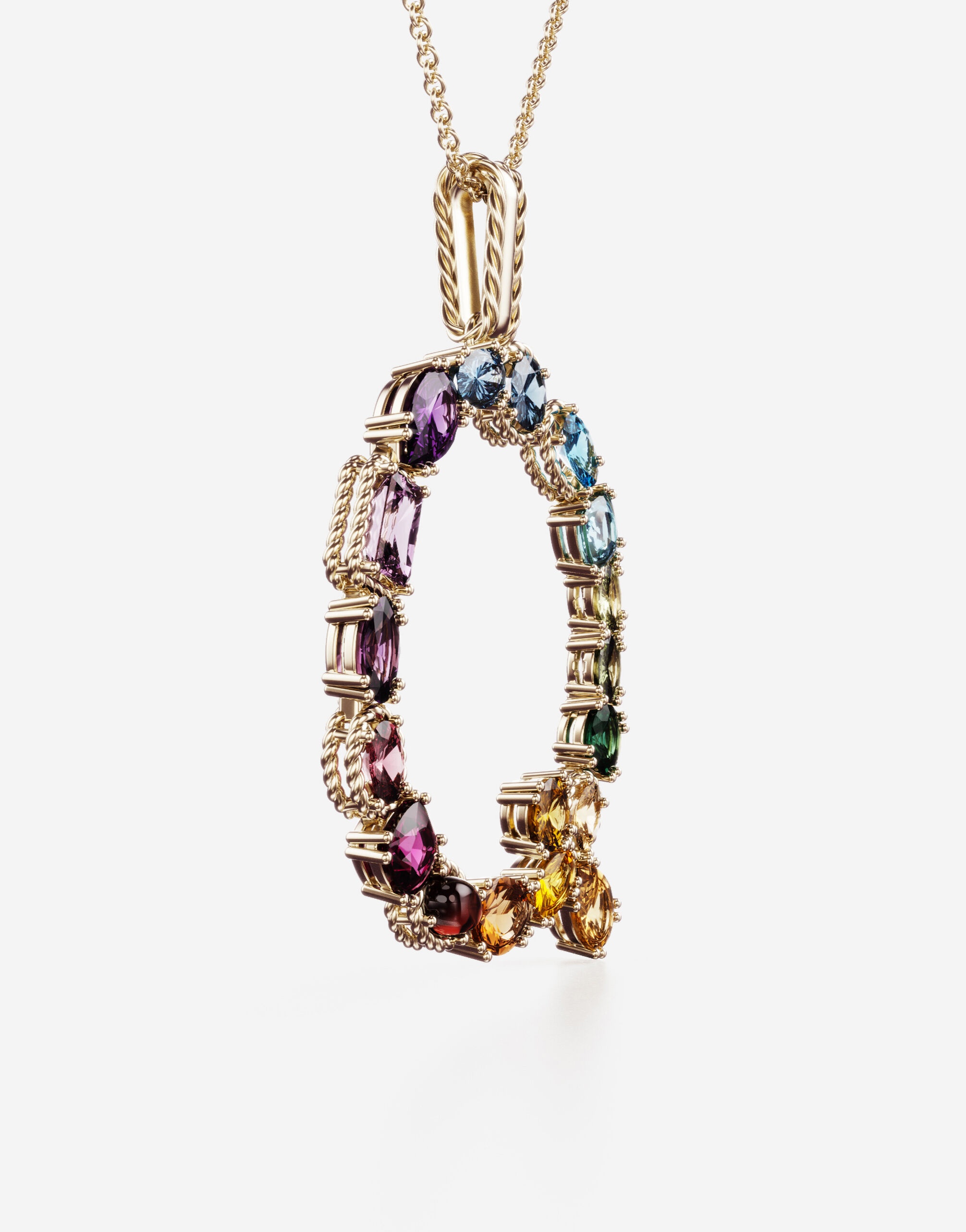 Rainbow alphabet Q pendant in yellow gold with multicolor fine gems - 3