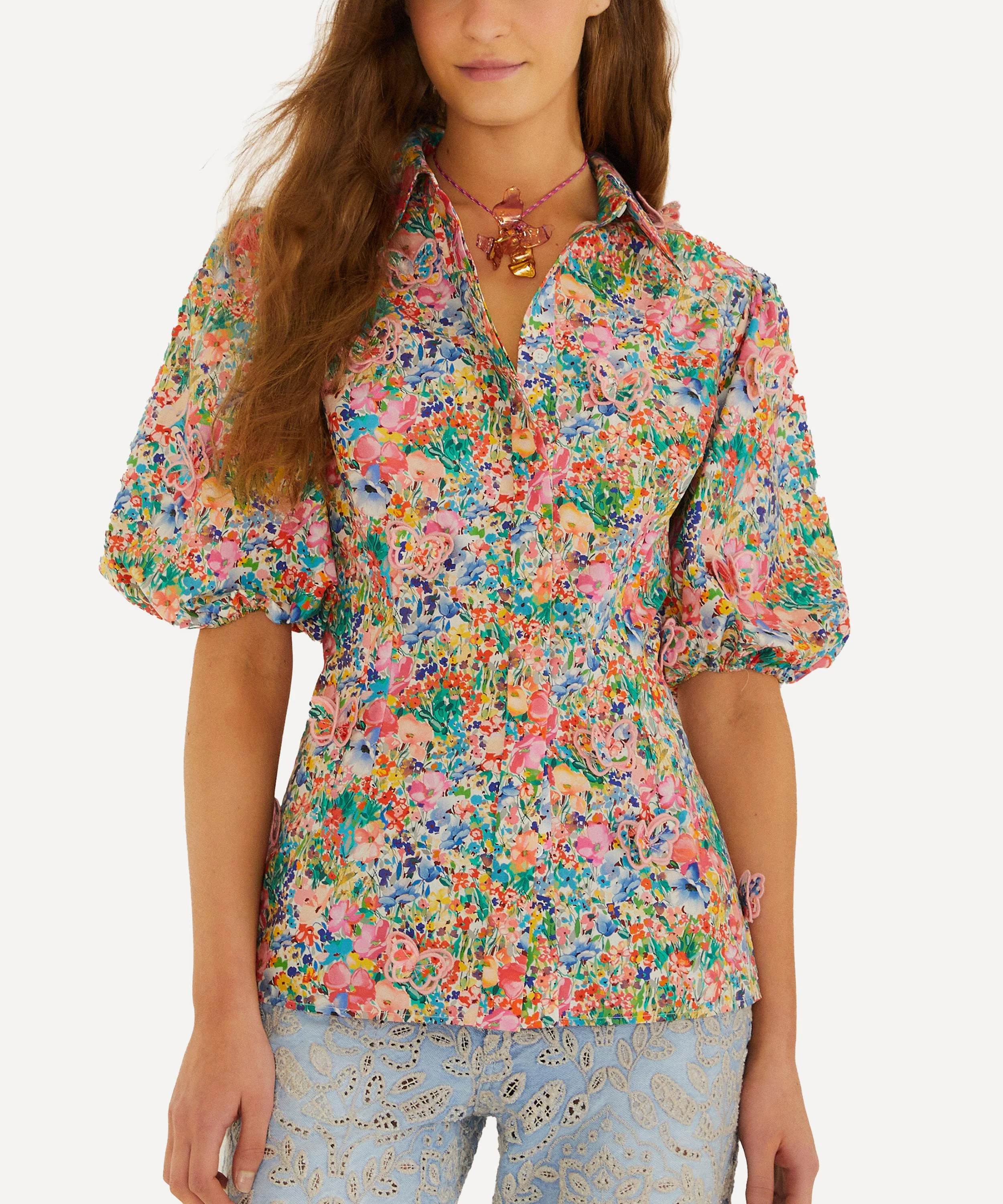 Peasant Floral Off-White Butterflies Blouse - 1