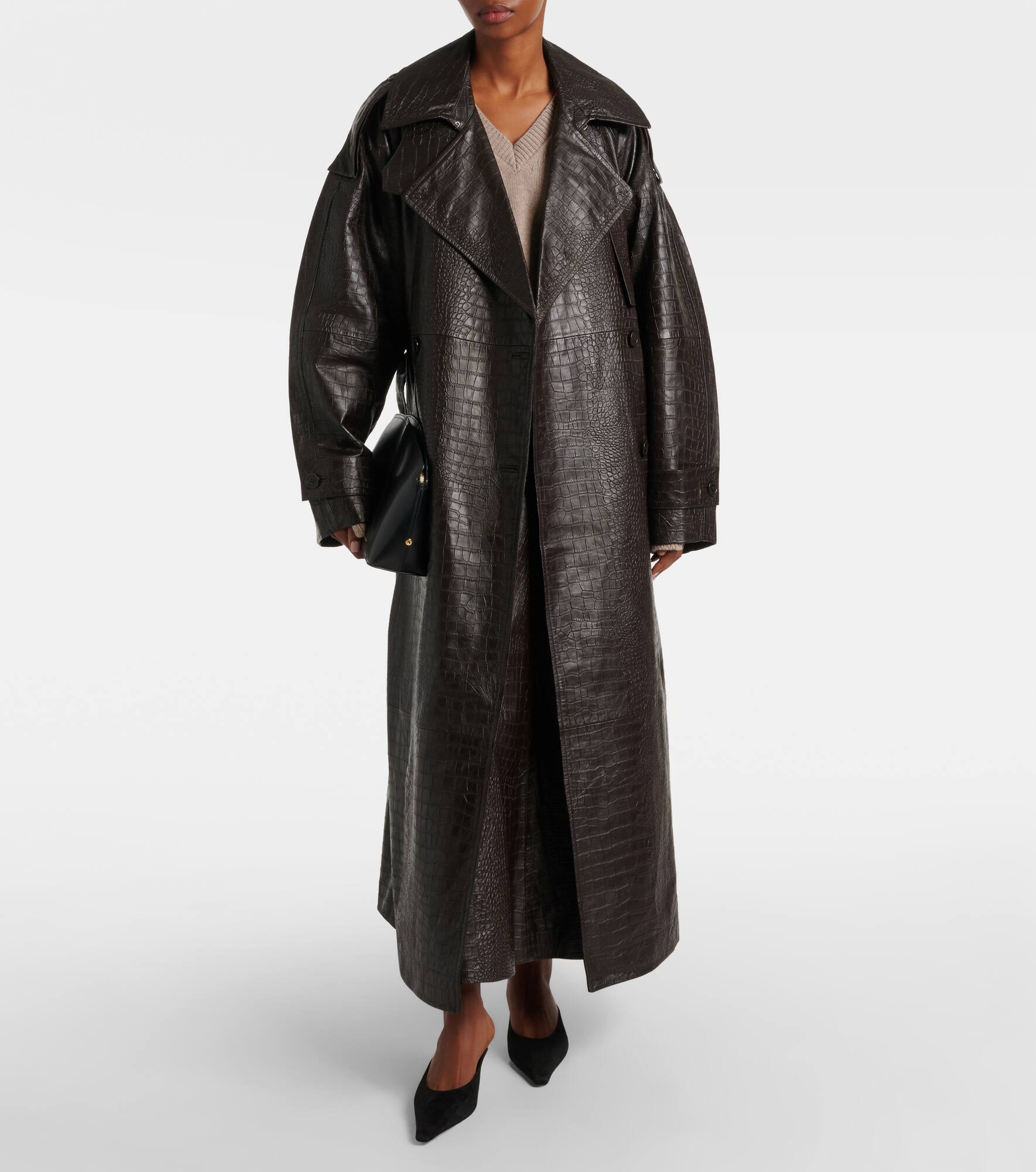 Crocodile-effect leather trench coat - 7
