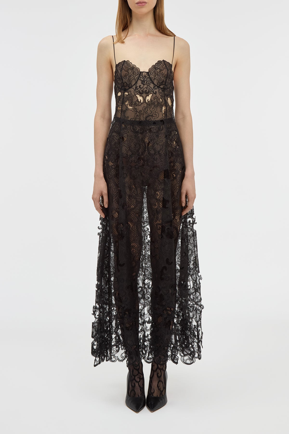 Luma Slip Midi Dress in Black Silk Organza Lace - 2