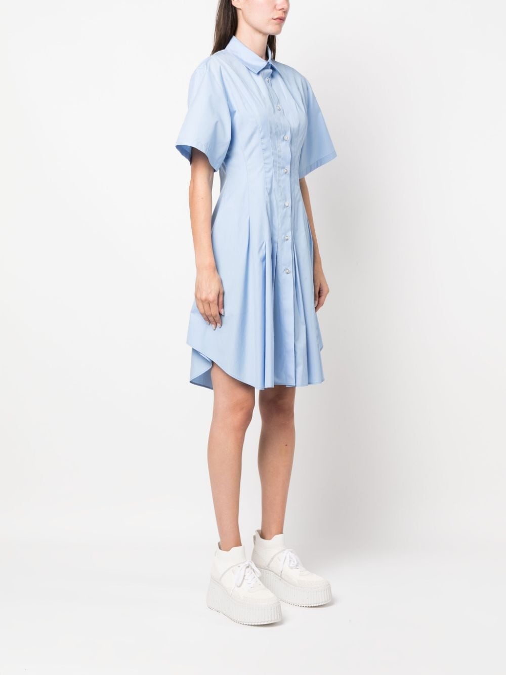 pleat-detailing flared cotton shirtdress - 3