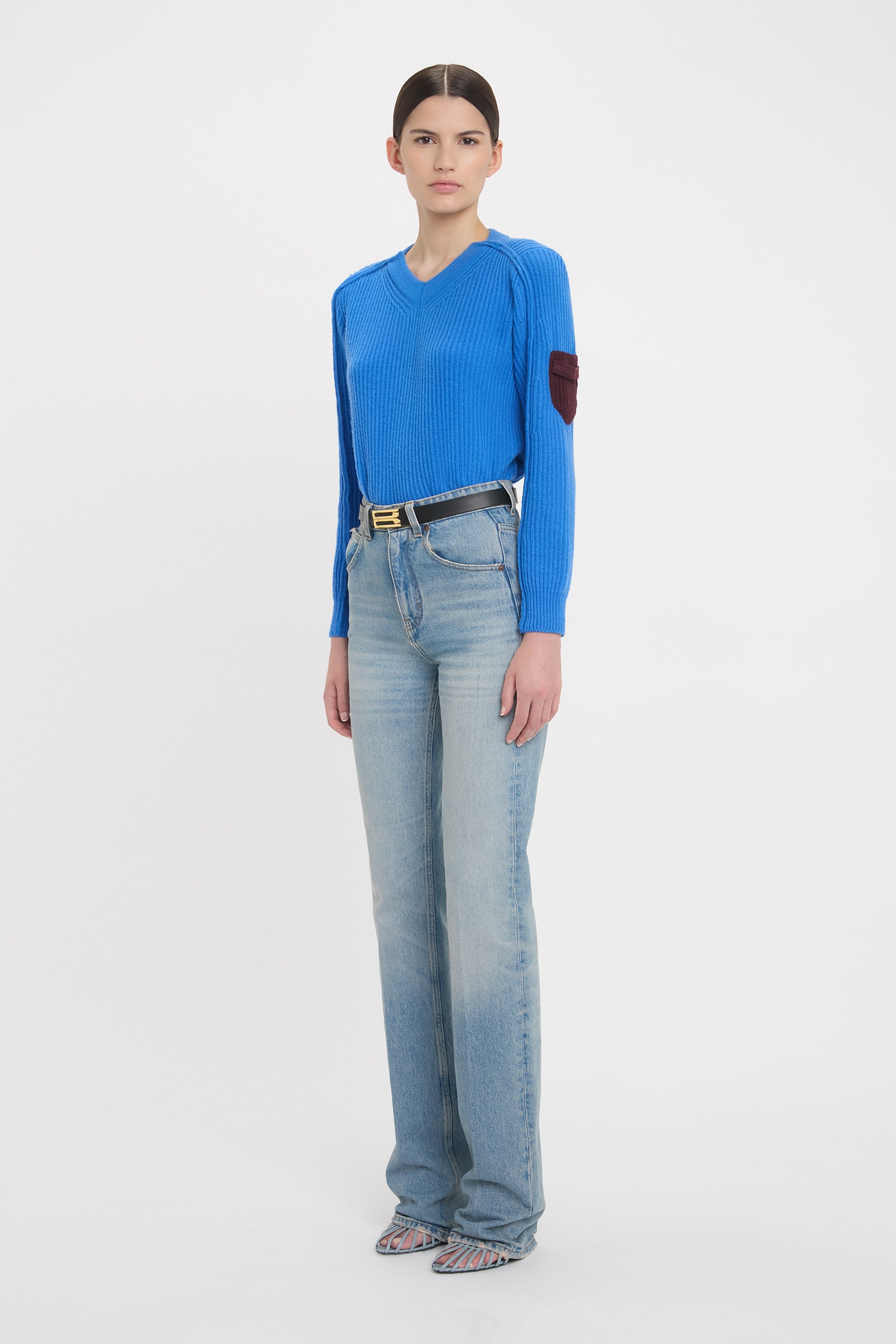 V Neck Knitted Jumper In Regatta Blue - 3