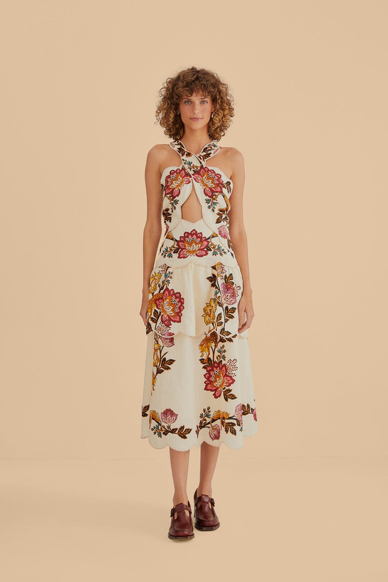 Sand Leopard Flowers Cut Out Midi Dress 1