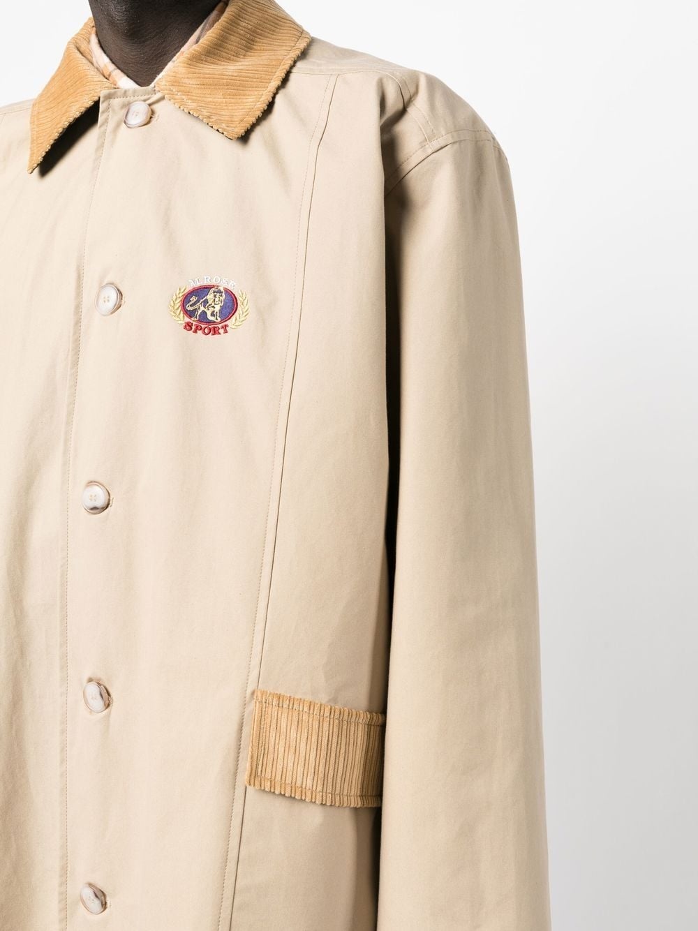 corduroy-trims buttoned trench coat - 5