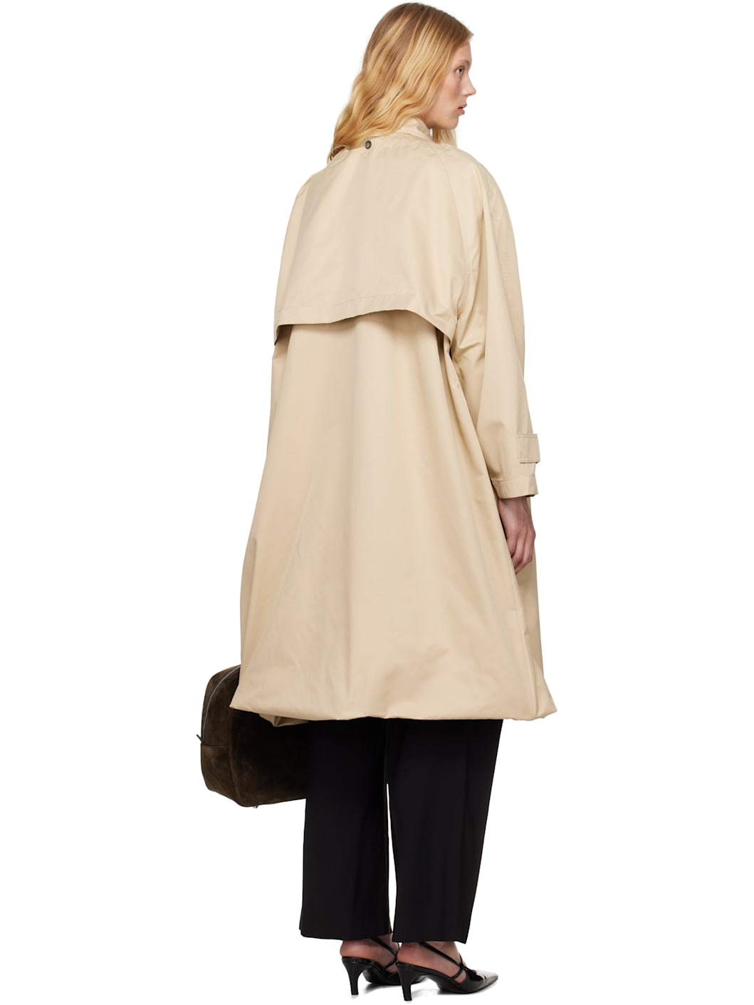 Beige Balloon Shape Buttoned Trench Coat - 3