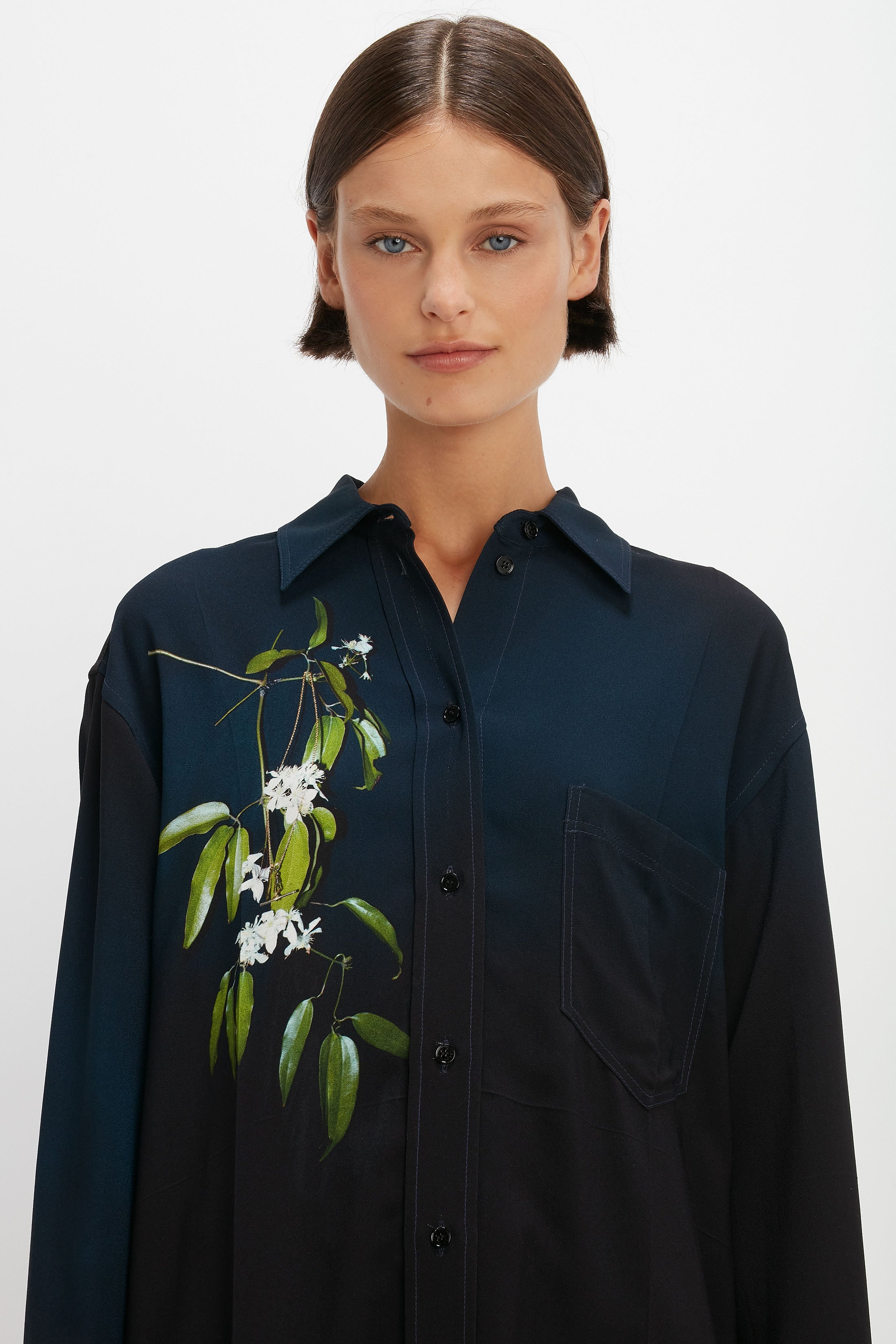 Pyjama Shirt in Navy Ombré & Floral - 5