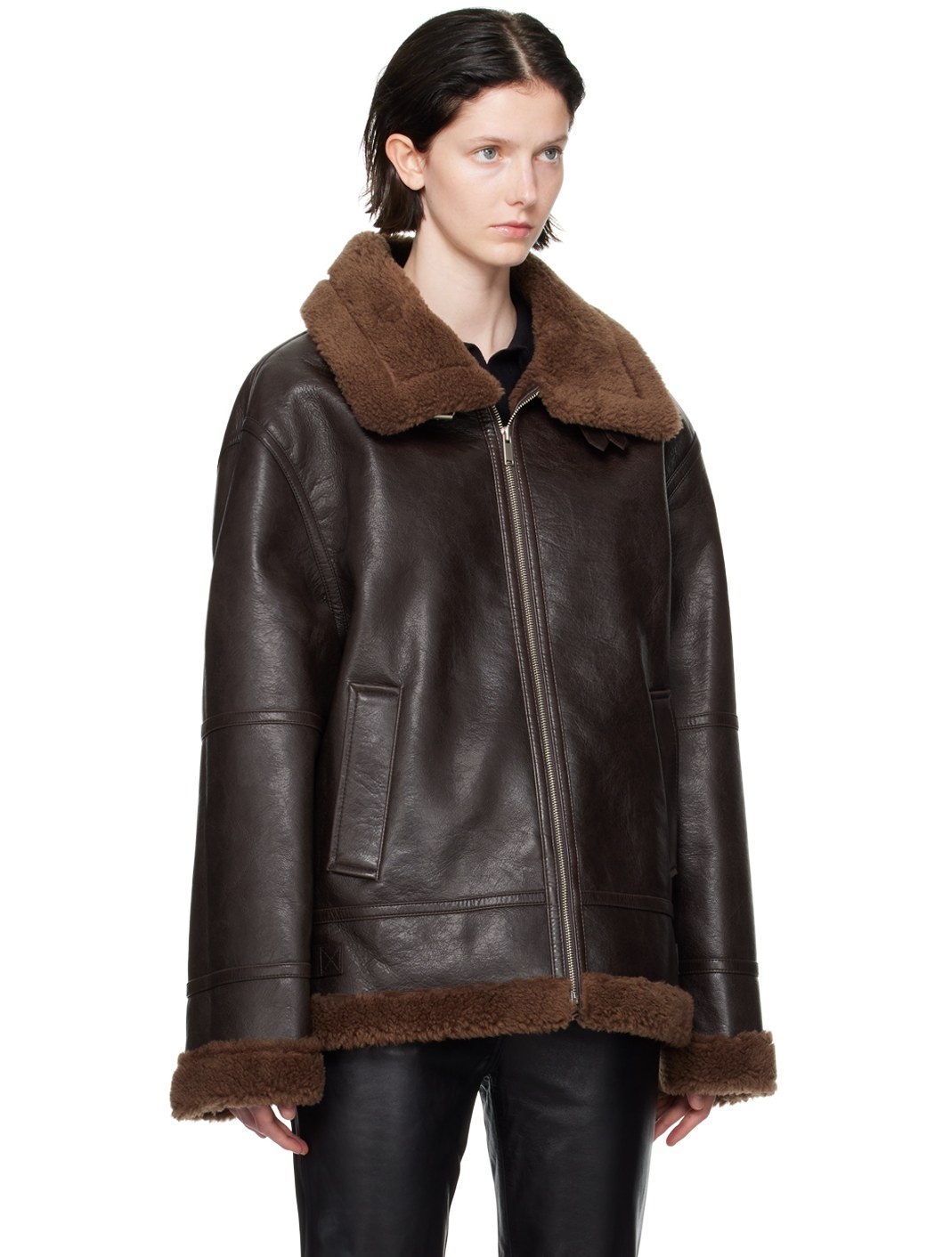Brown Pin-Buckle Faux-Shearling Jacket - 2