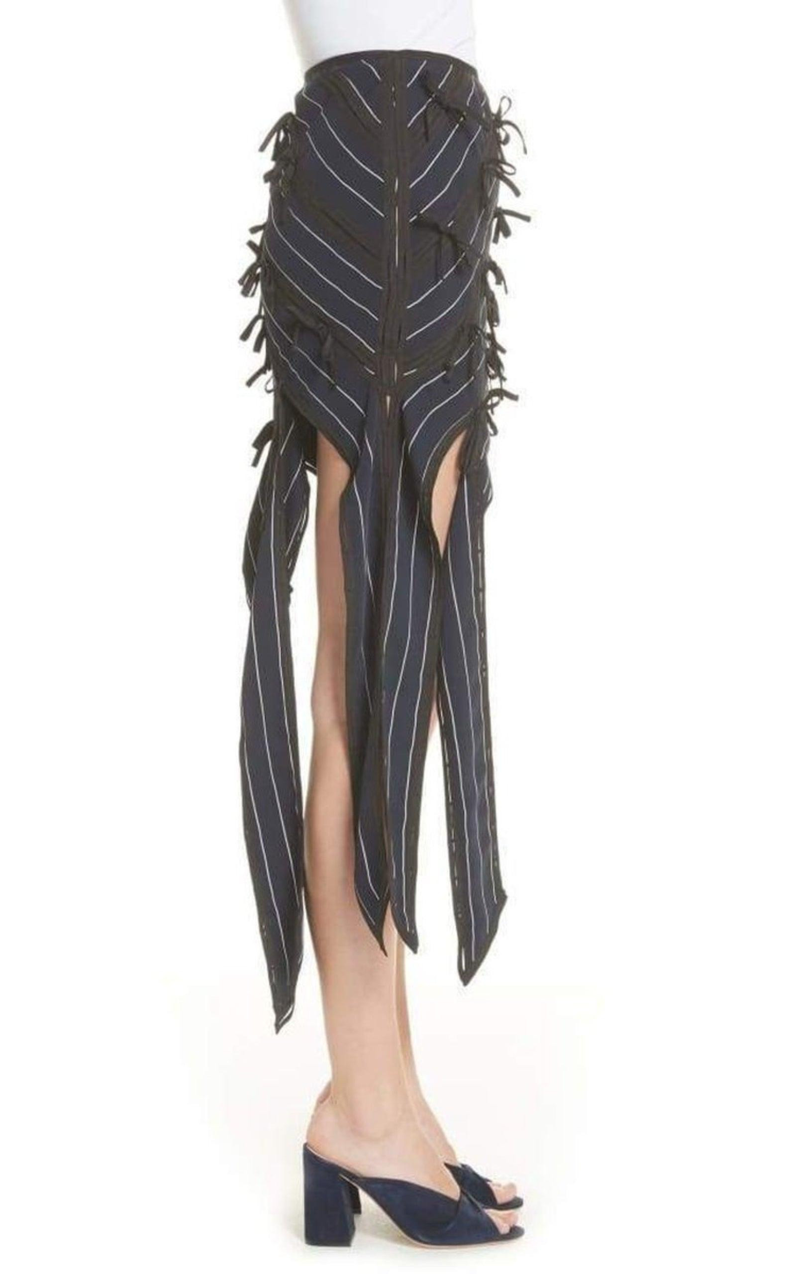 Pinstripe Ribbon Asymmetric Panelled Mini Skirt - 3
