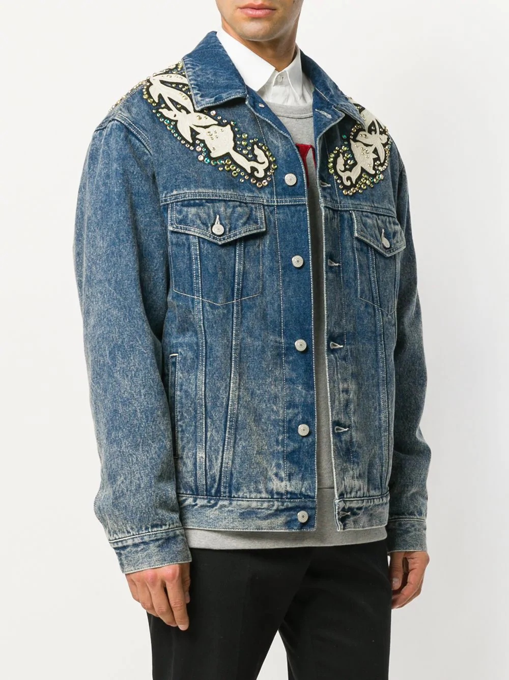 Gucci Logo print denim jacket with floral appliqués - 3