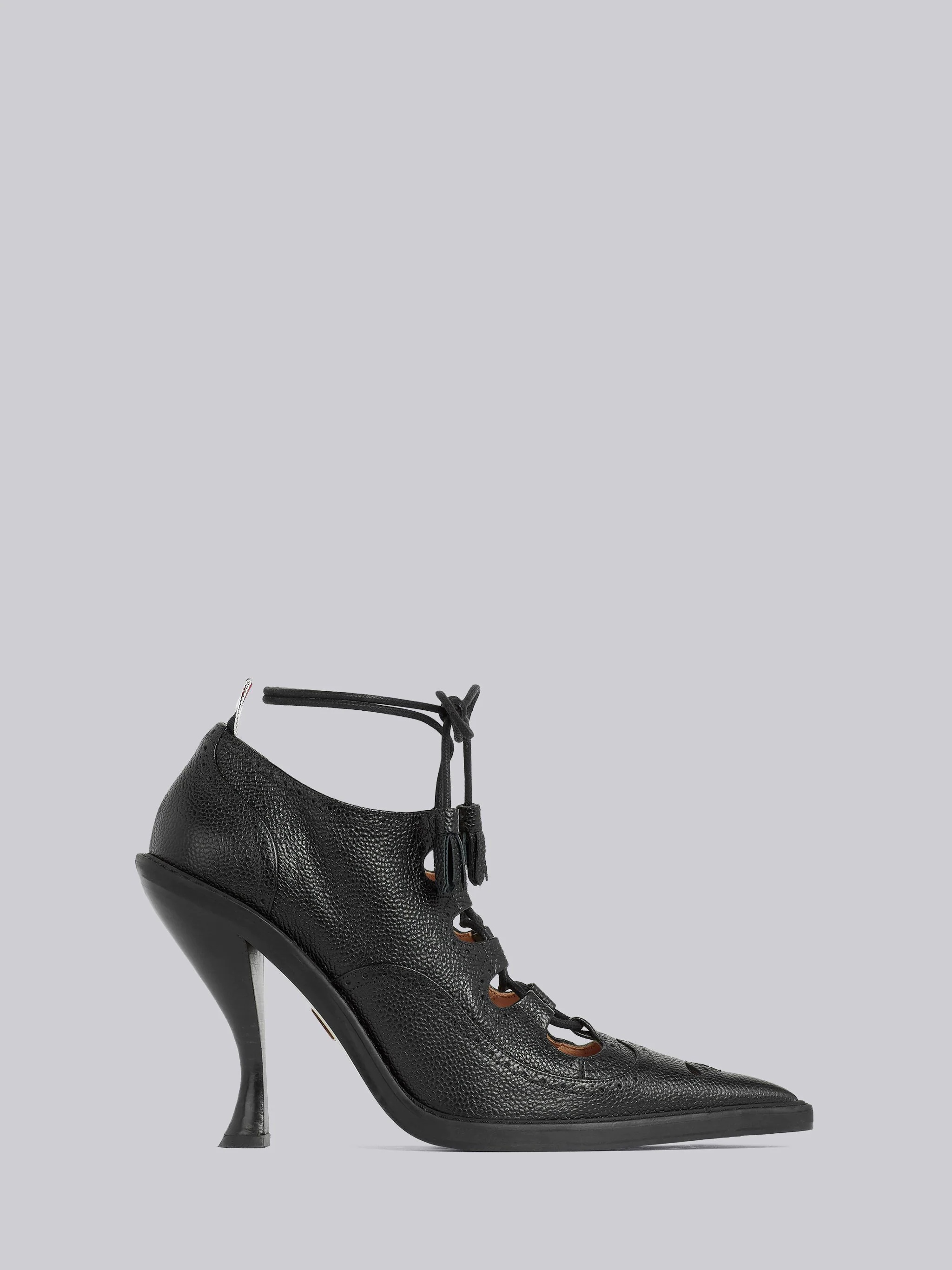 Black Pebbled Calfskin Ghillie Brogue Curved High Heel - 1