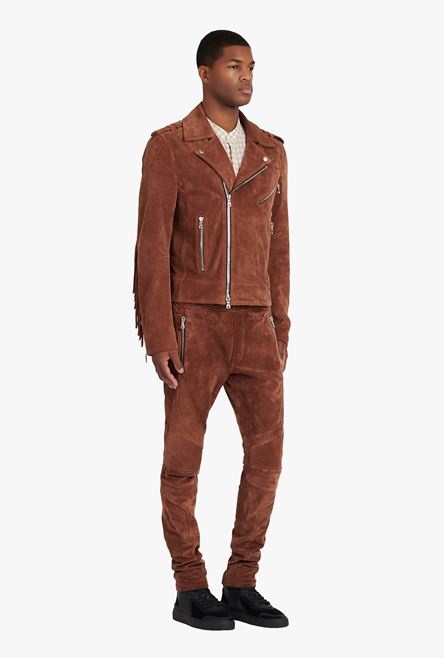 Balmain x Netflix -Hazelnut brown suede biker jacket - 7