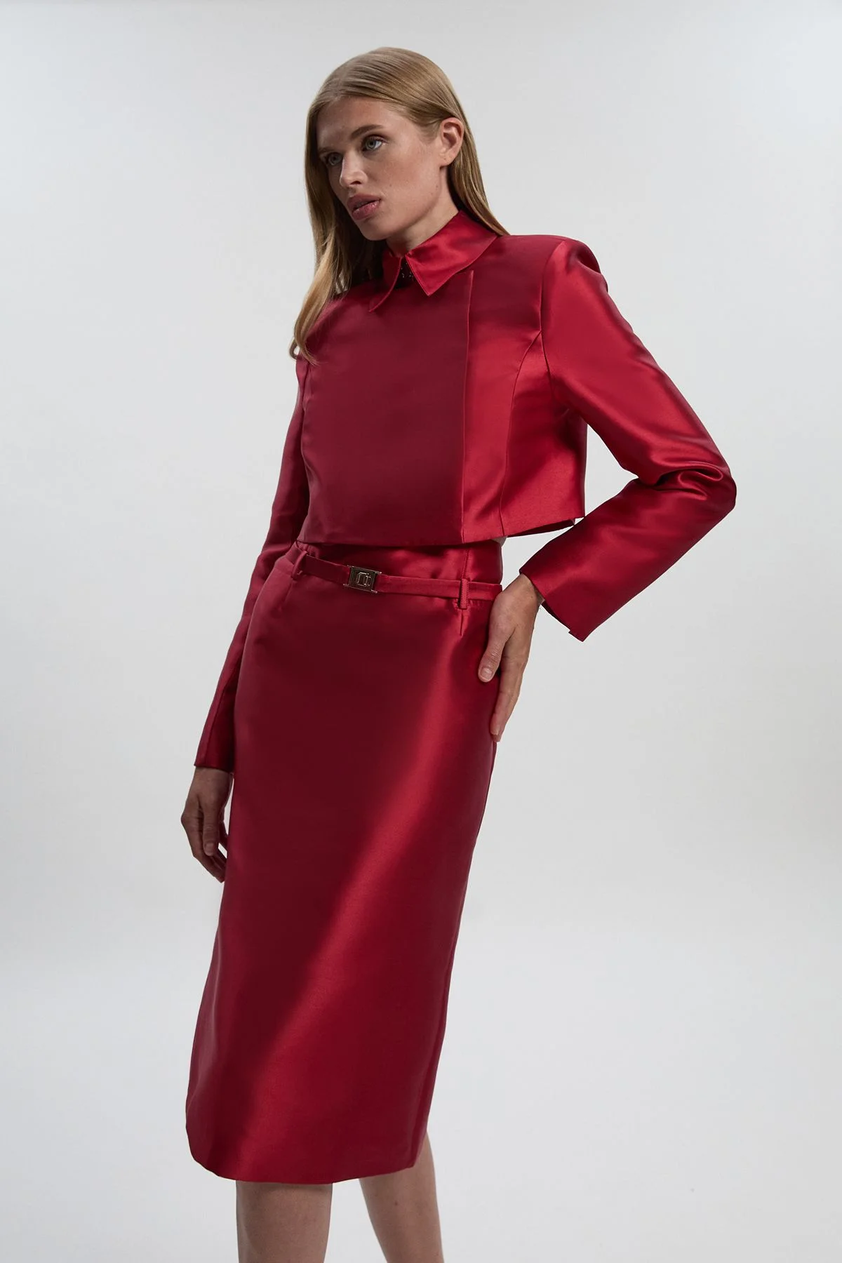 Forever Satin Twill Belted Tailored Midi Skirt - 1