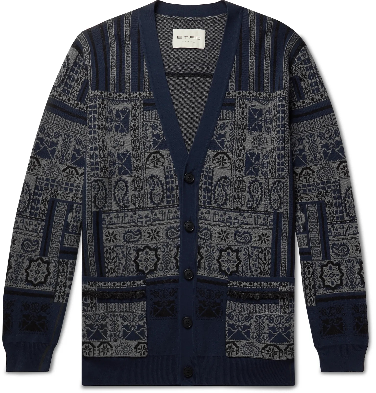 Fringed Printed Wool, Linen and Silk-Blend Cardigan - 1