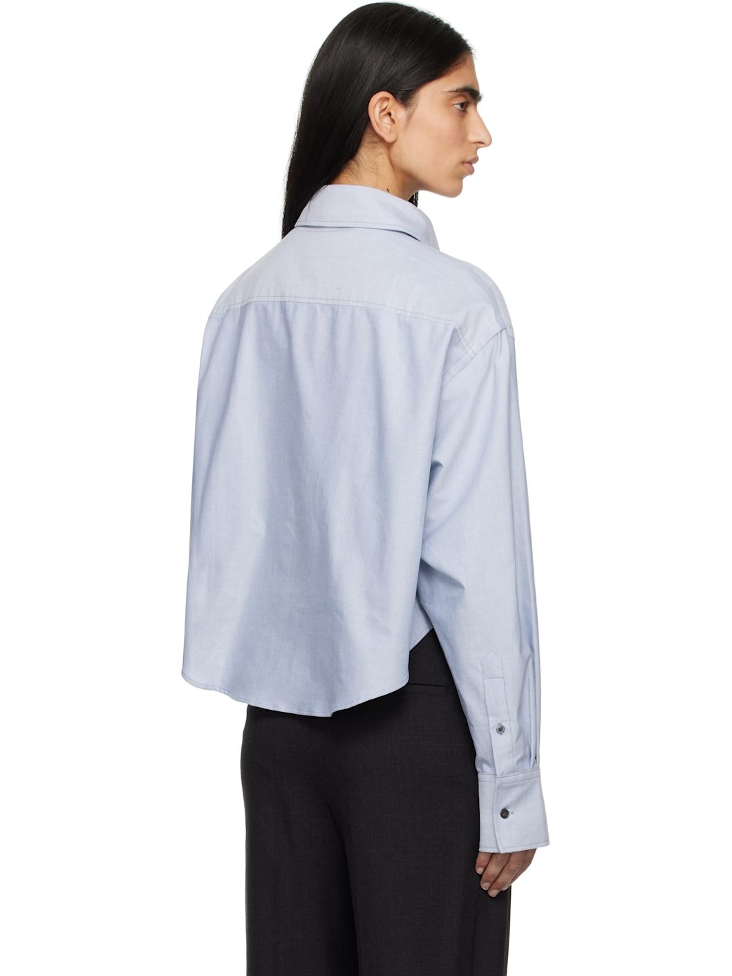 Blue Cotton Button-Down Cropped Oversized Shirt - 3
