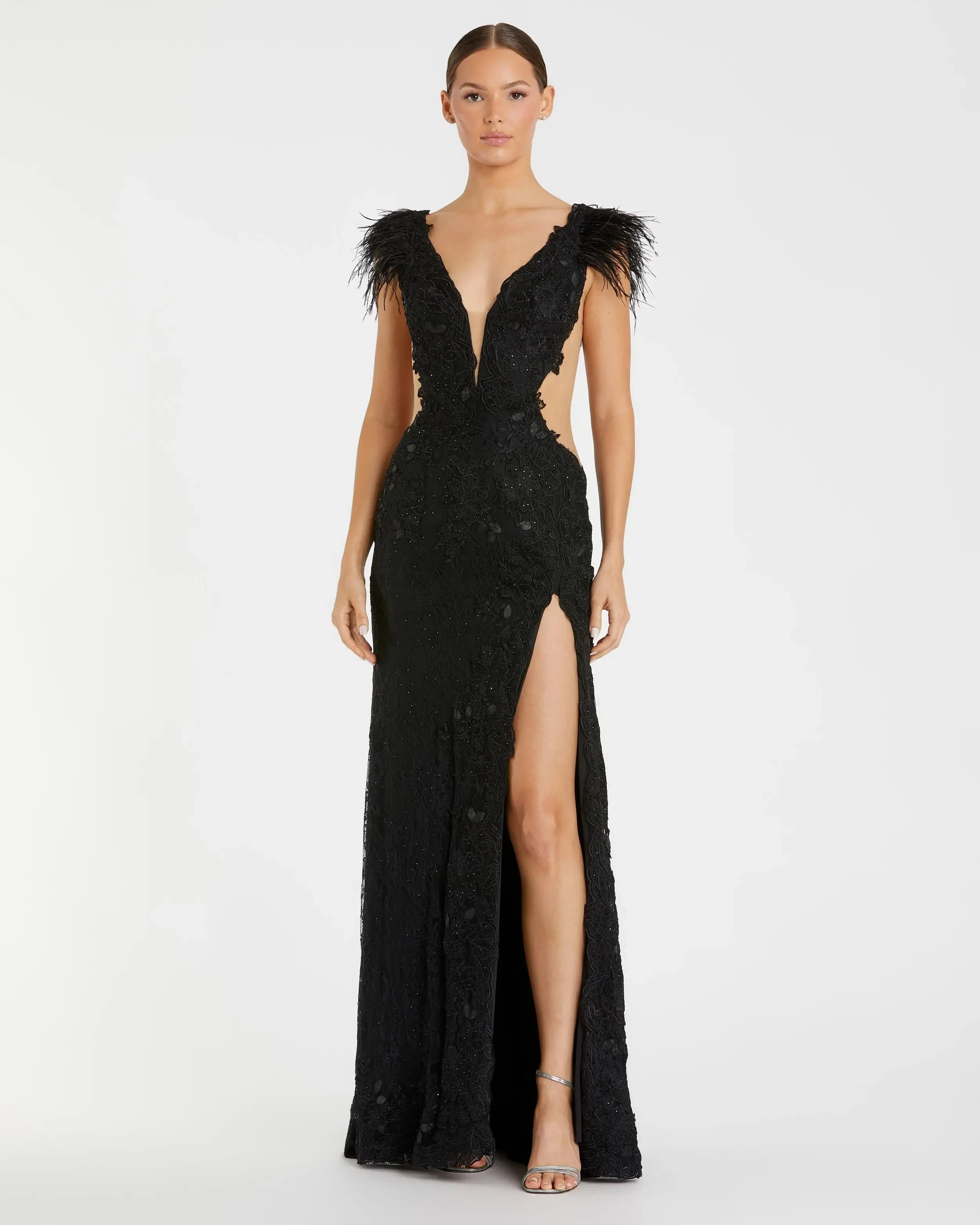 Black Feather Cap Sleeve Lace Gown - 1