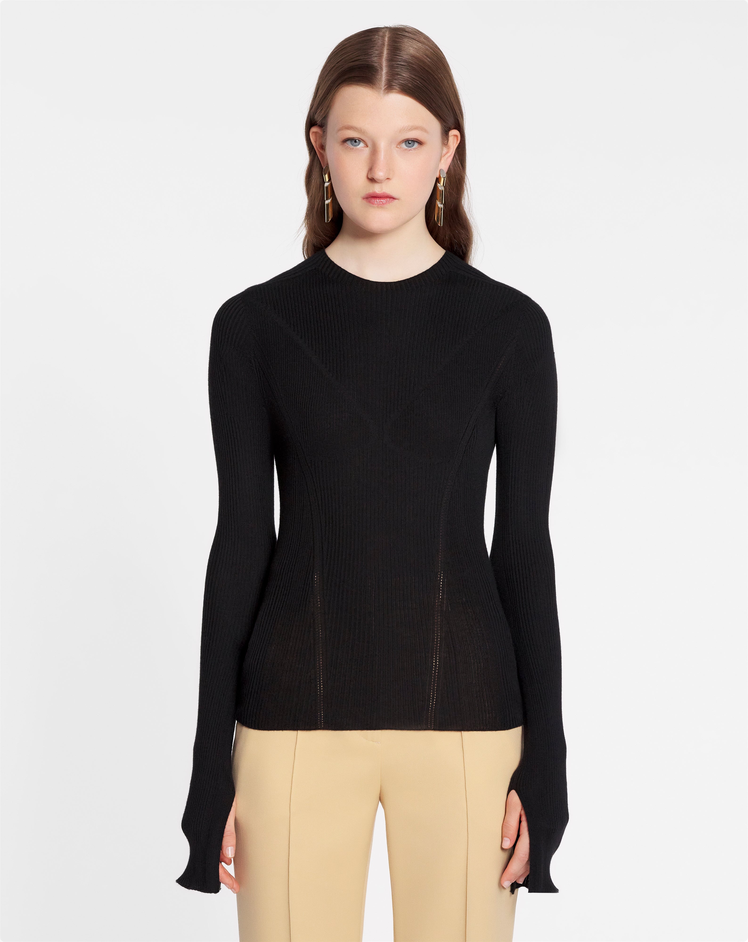 ROUND NECK LONG SLEEVE RIBBED TOP IN SILK AND CASHMERE - 3