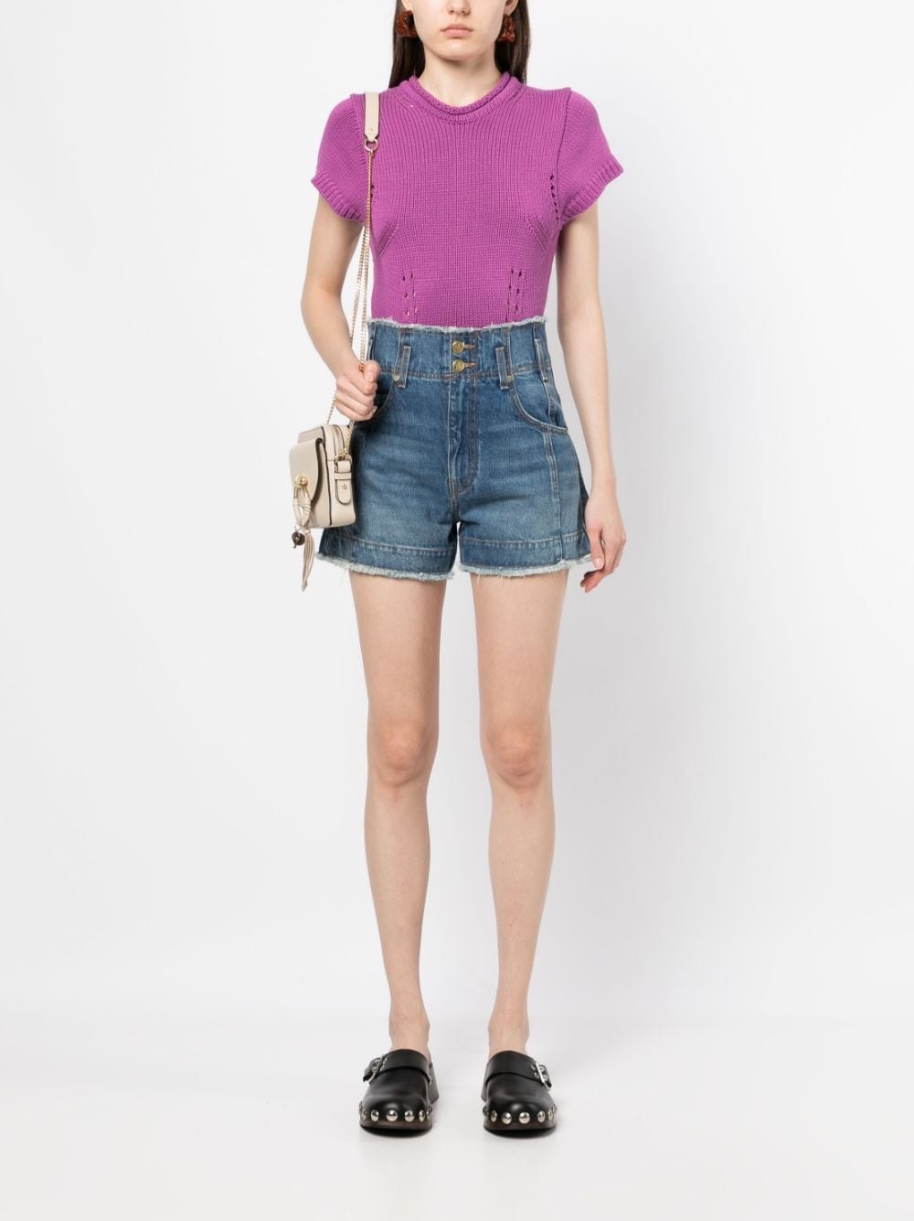 high-waisted washed-denim shorts - 2