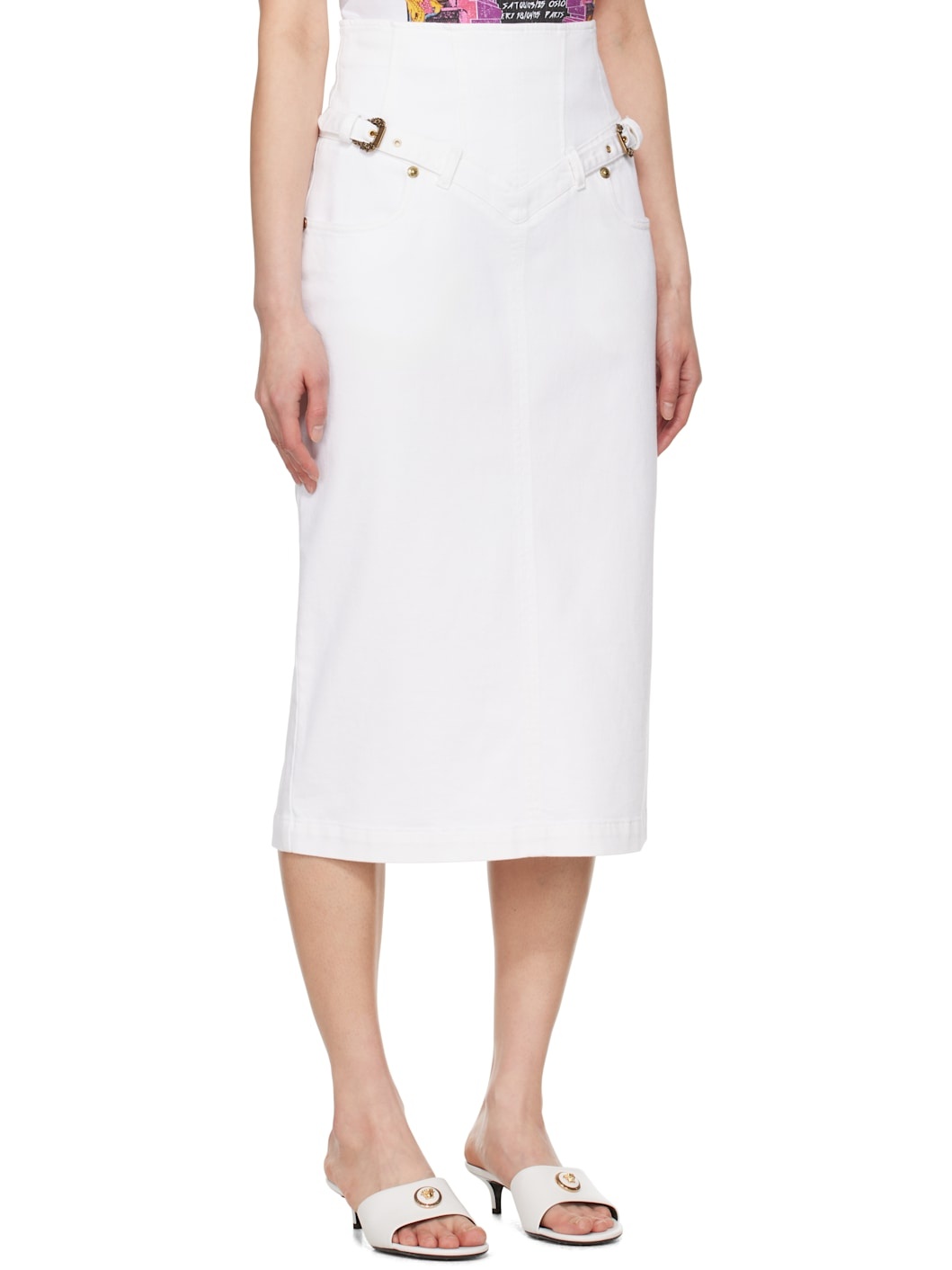 White Baroque Buckle Denim Midi Skirt - 2