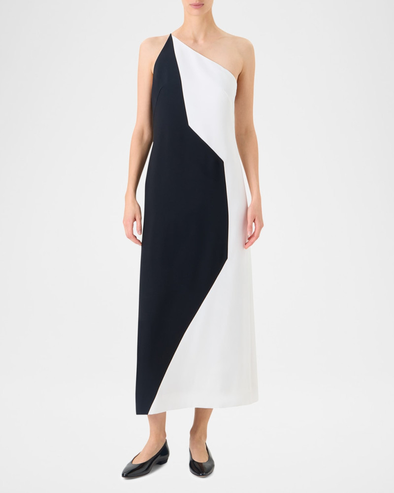 AKRIS High Plains Patchwork Crepe One-Shoulder Midi Dress outlook