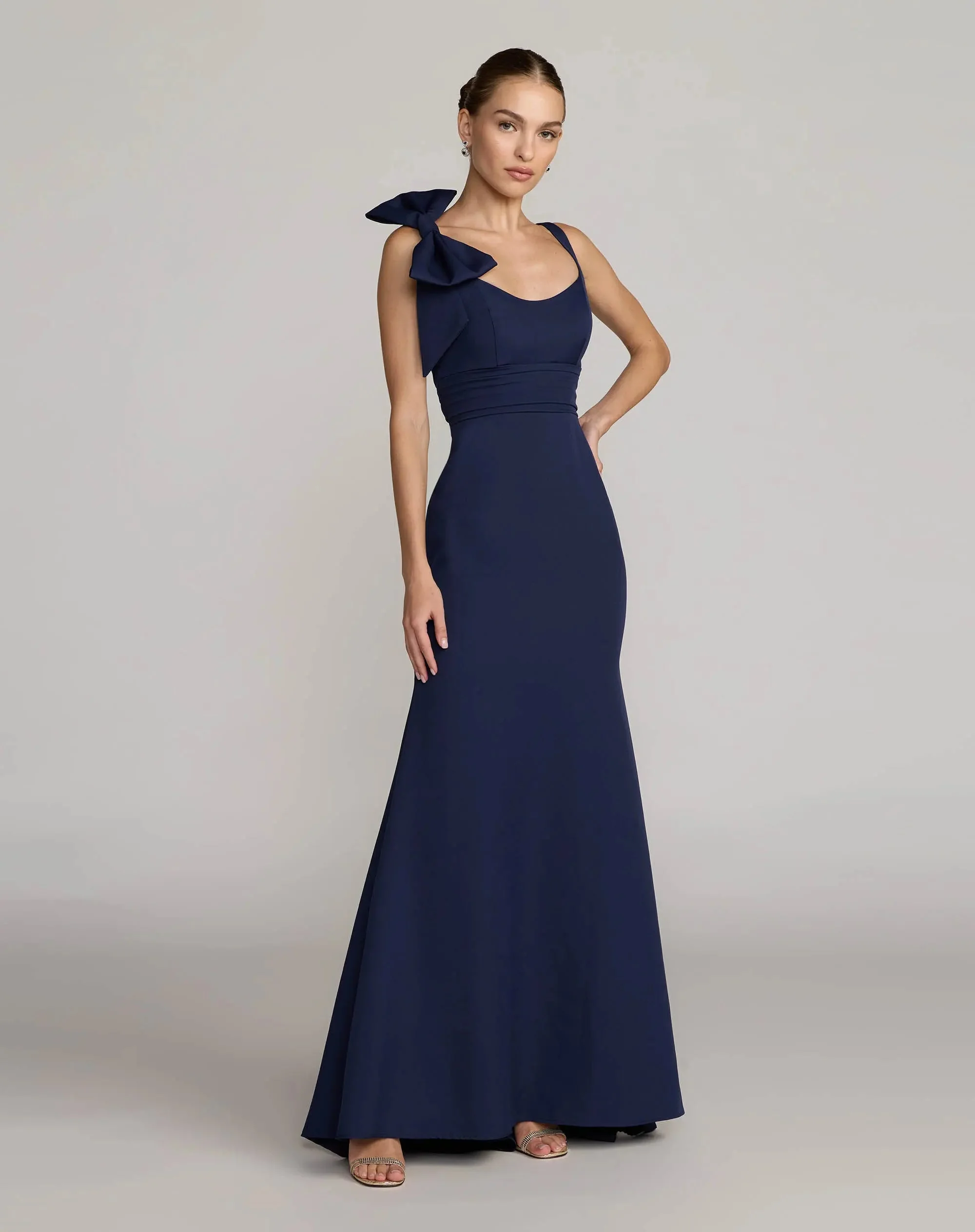 Navy Scoop Neck Trumpet Gown with Bow - 1