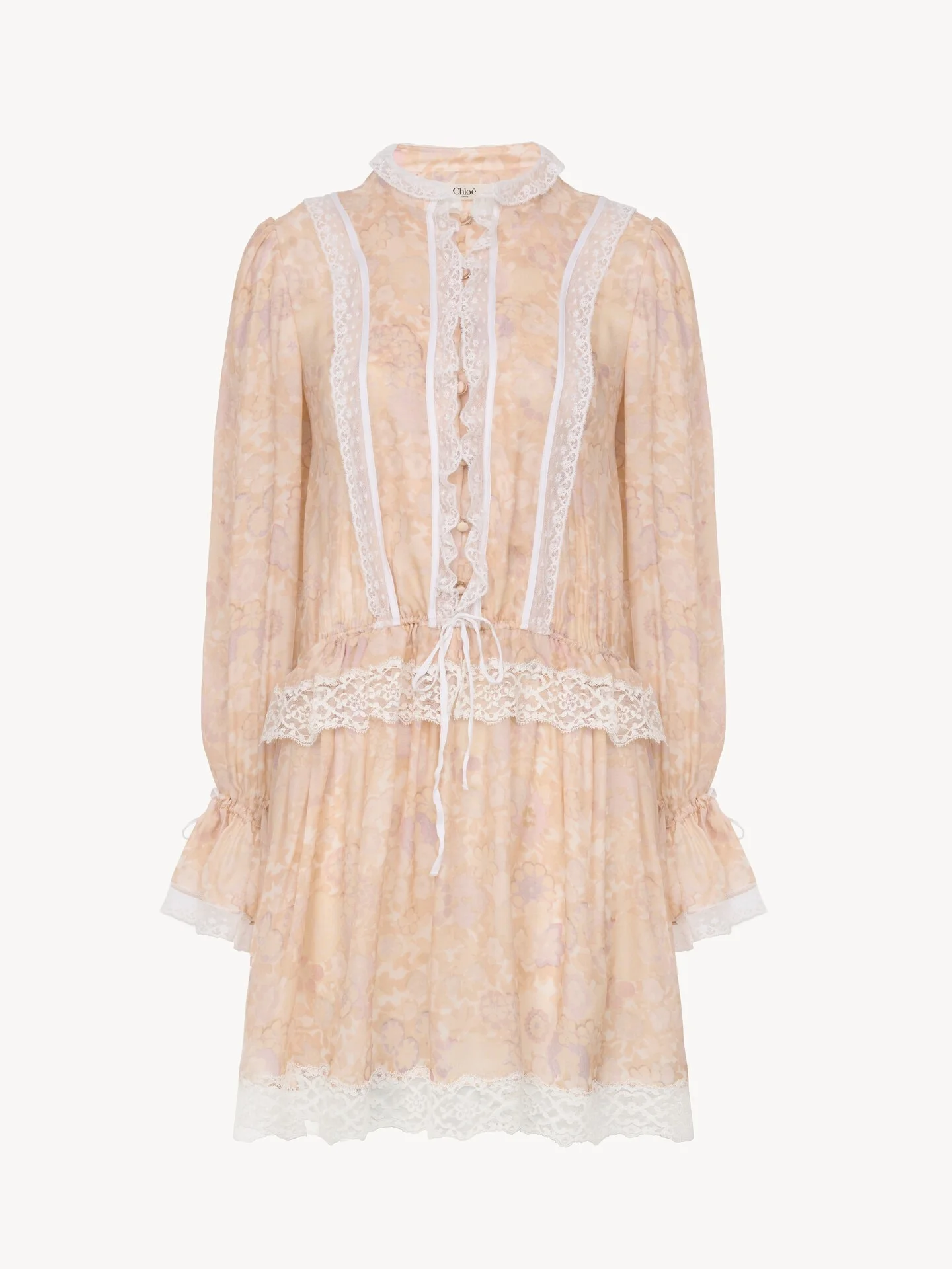PUFF-SLEEVE MINI DRESS IN SILK CHARMEUSE & LACE - 1
