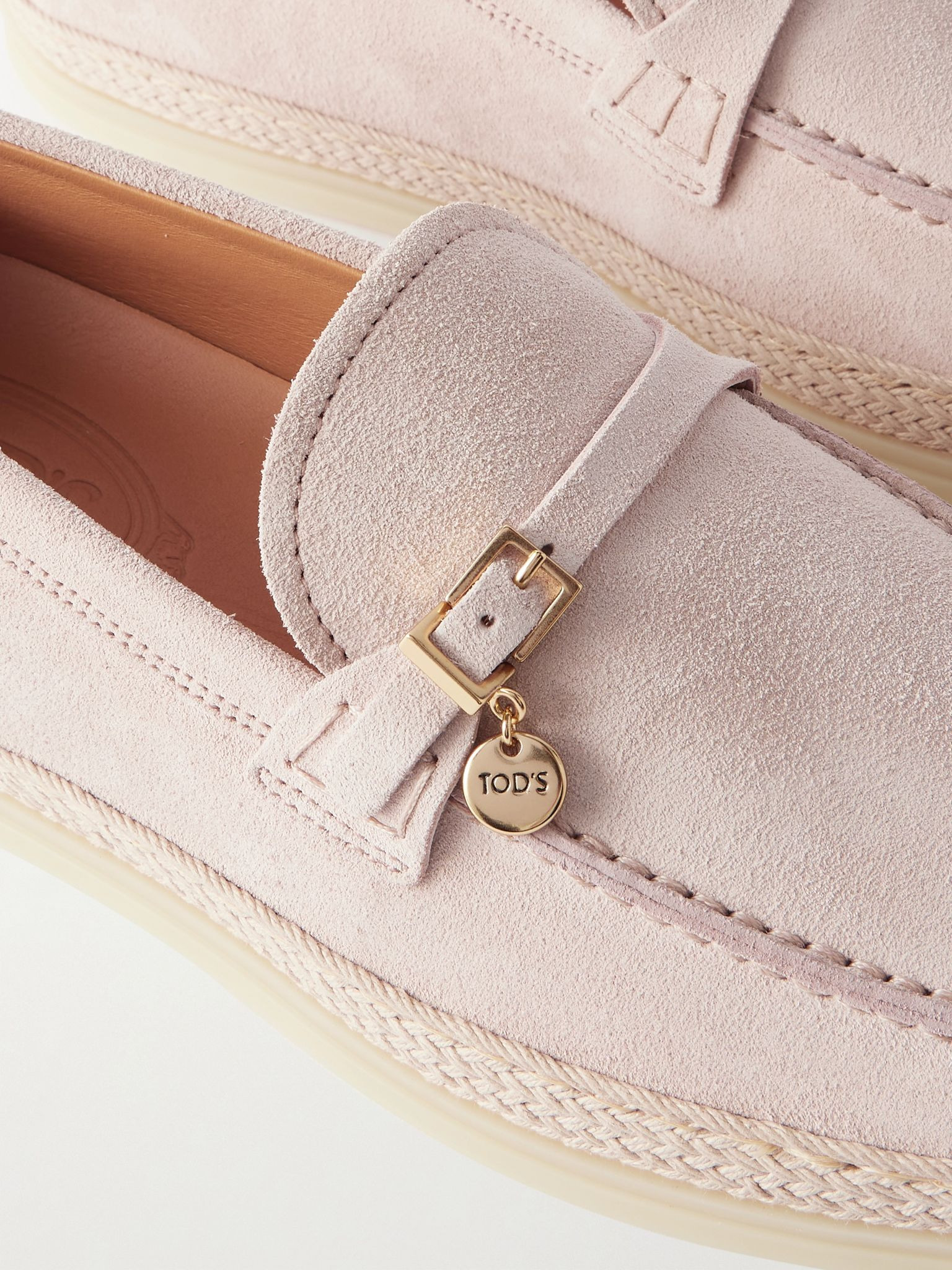 Raffia-trimmed suede loafers Blush - 4