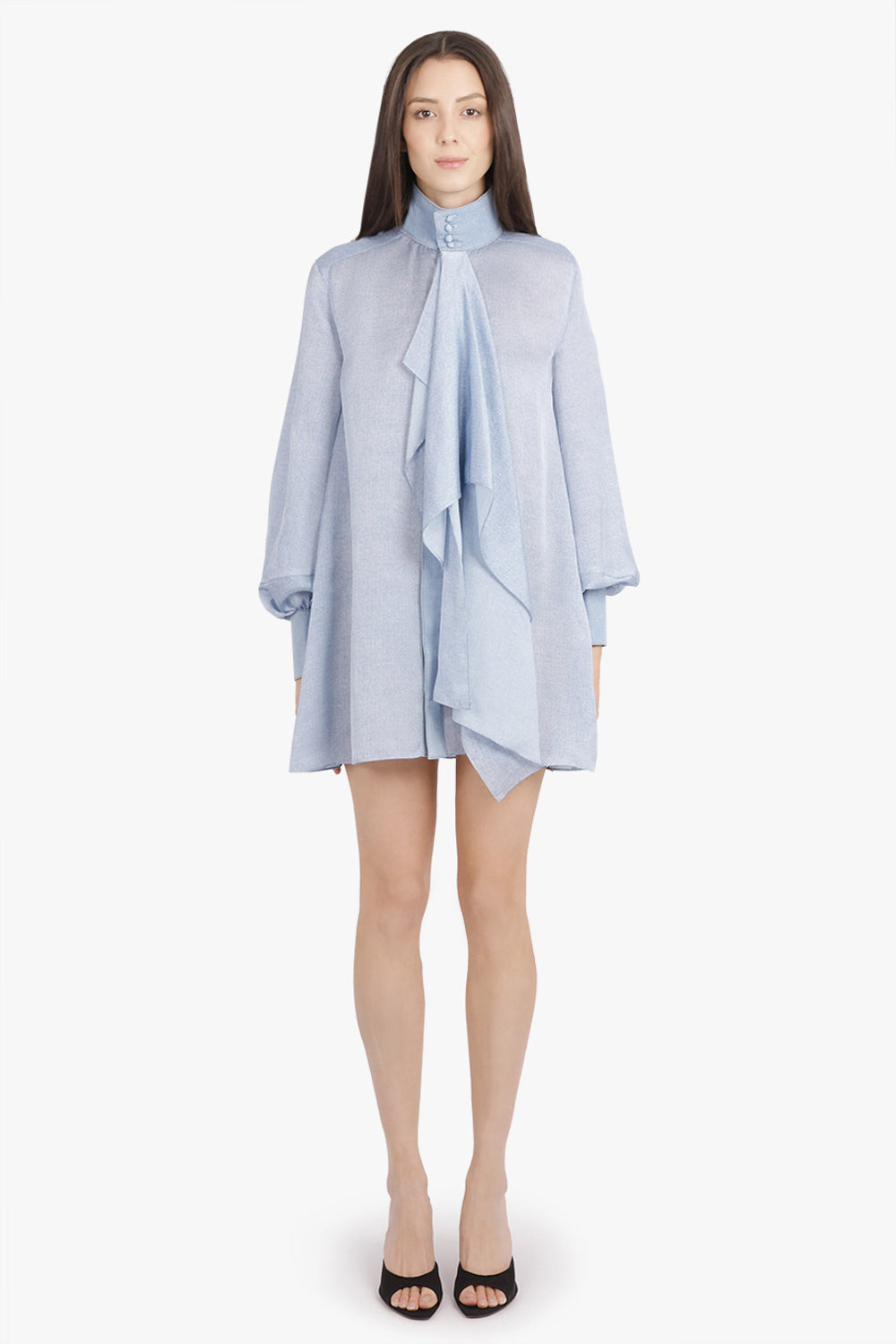 DENIM PRINT LAYERED MINI DRESS WITH HIGH NECK | LIGHT BLUE - 3