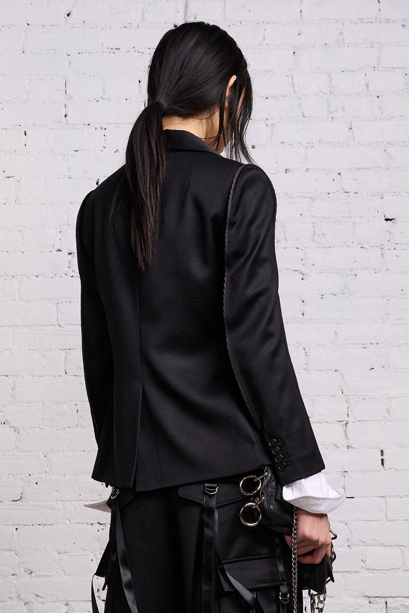 FLAT SLEEVE TUXEDO BLAZER - BLACK AND SATIN - 8