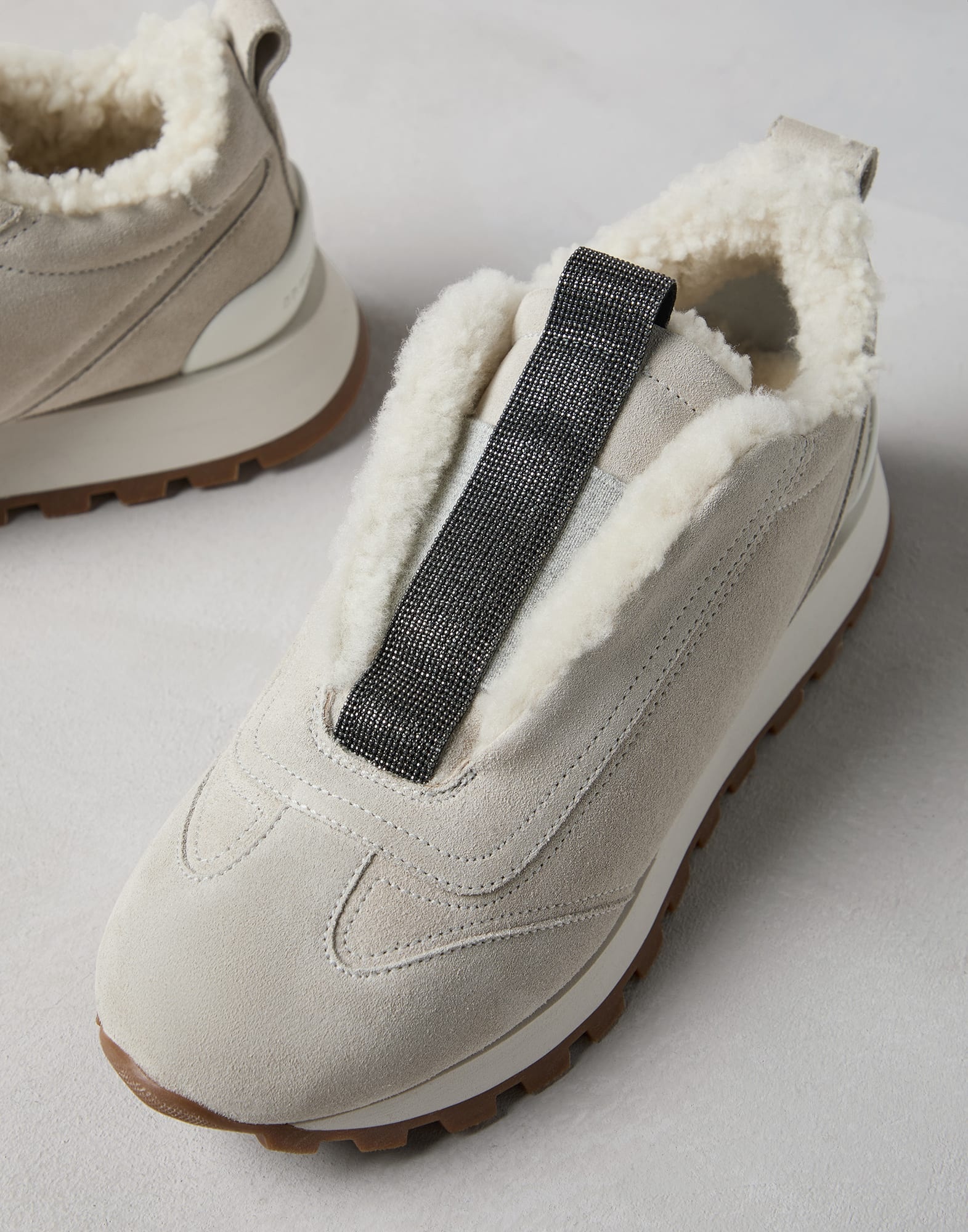 Suede runners with shearling lining and precious detail - 3
